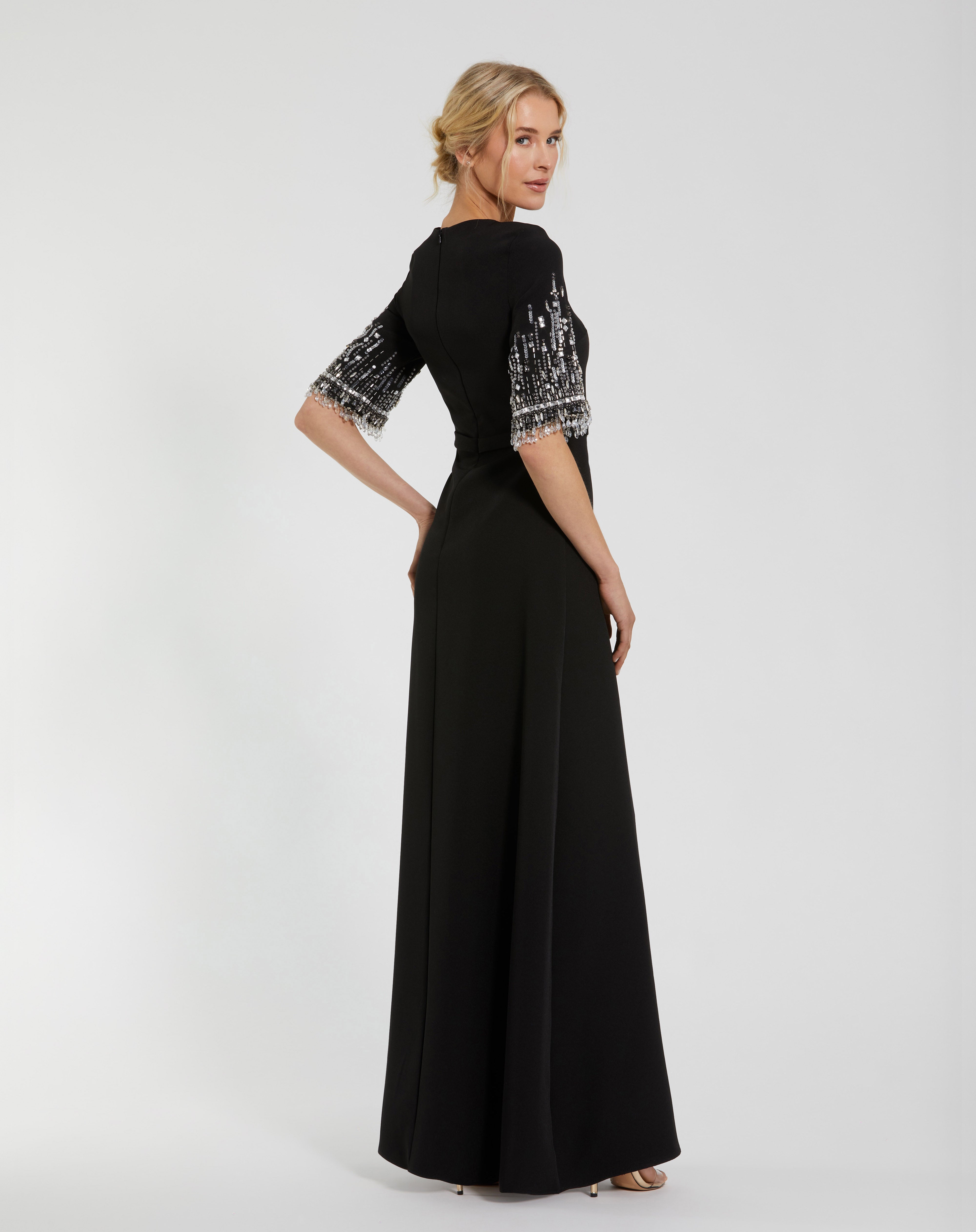 Black Crew Neck Floor Length Crepe Formal Dress Beaded Sleeves Mac Duggal 992270P