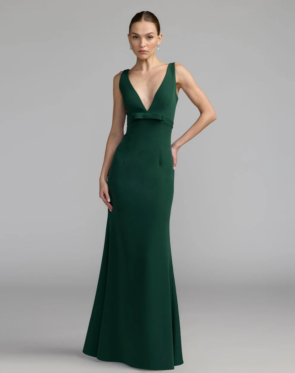 V-Neck Floor-Length Crepe Formal Dress by Mac Duggal 992371P in Emerald