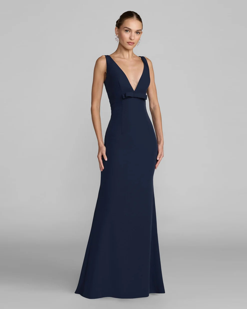 V-Neck Floor-Length Crepe Formal Dress by Mac Duggal 992371P in Midnight