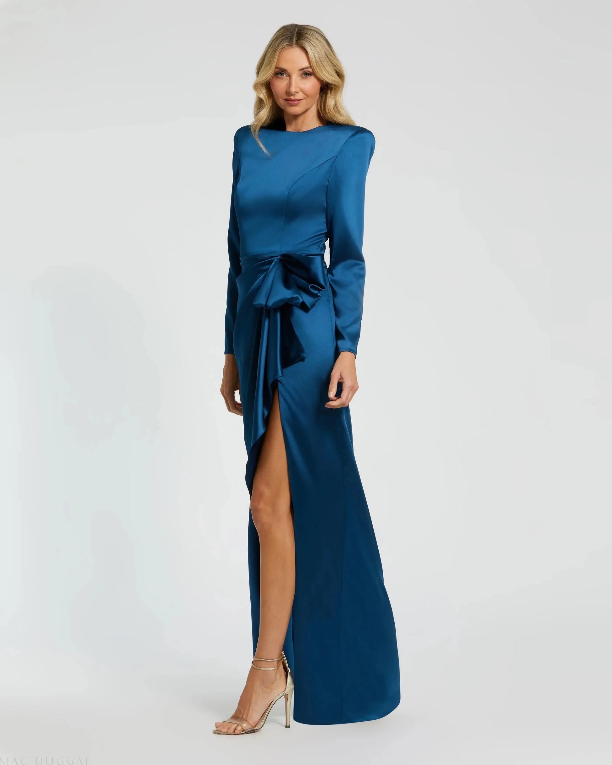 Mother of the Bride Dresses Long Sleeve Formal Slit Ruffle Mother of the Bride Petite Dress Mac Duggal 9926676P Ocean Blue