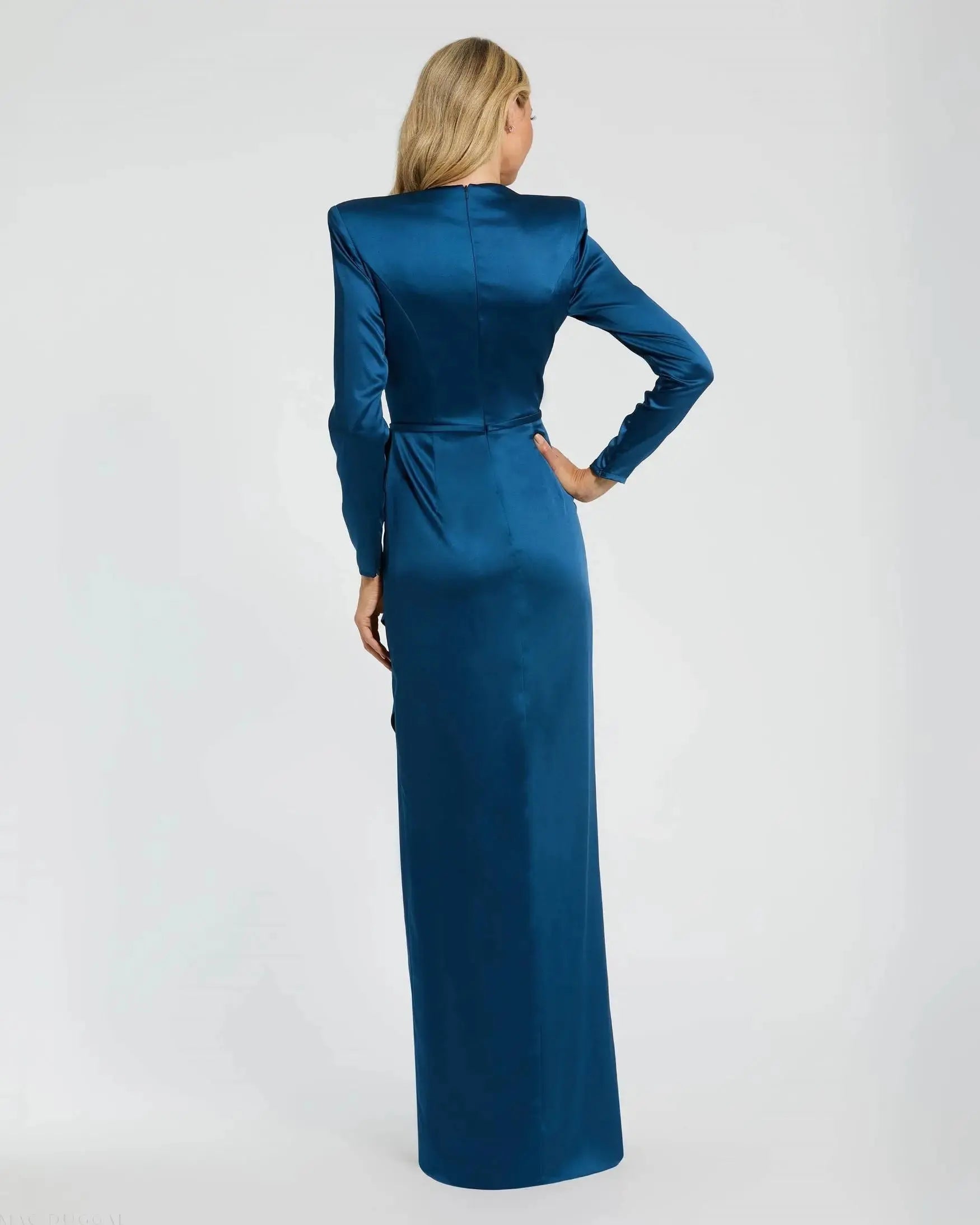 Mother of the Bride Dresses Long Sleeve Formal Slit Ruffle Mother of the Bride Petite Dress Mac Duggal 9926676P Ocean Blue