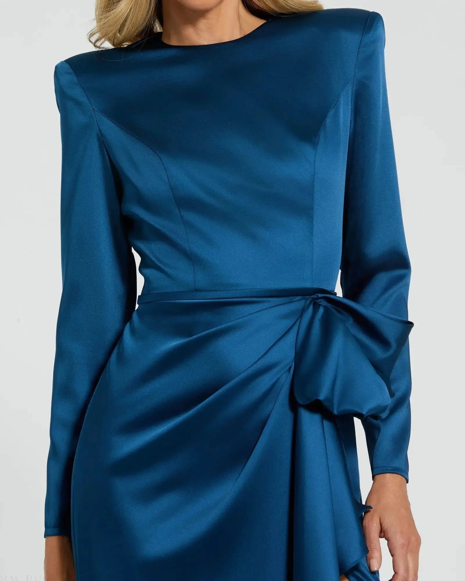 Mother of the Bride Dresses Long Sleeve Formal Slit Ruffle Mother of the Bride Petite Dress Mac Duggal 9926676P Ocean Blue