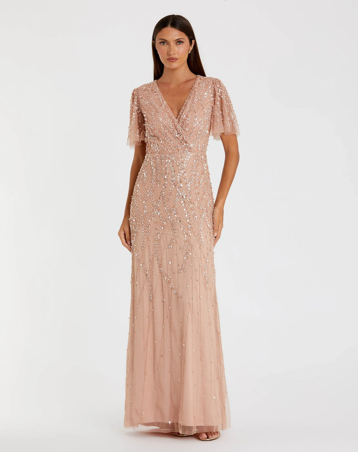 V-Neck Long Beaded Evening Gown by Mac Duggal 9935109P in Nude