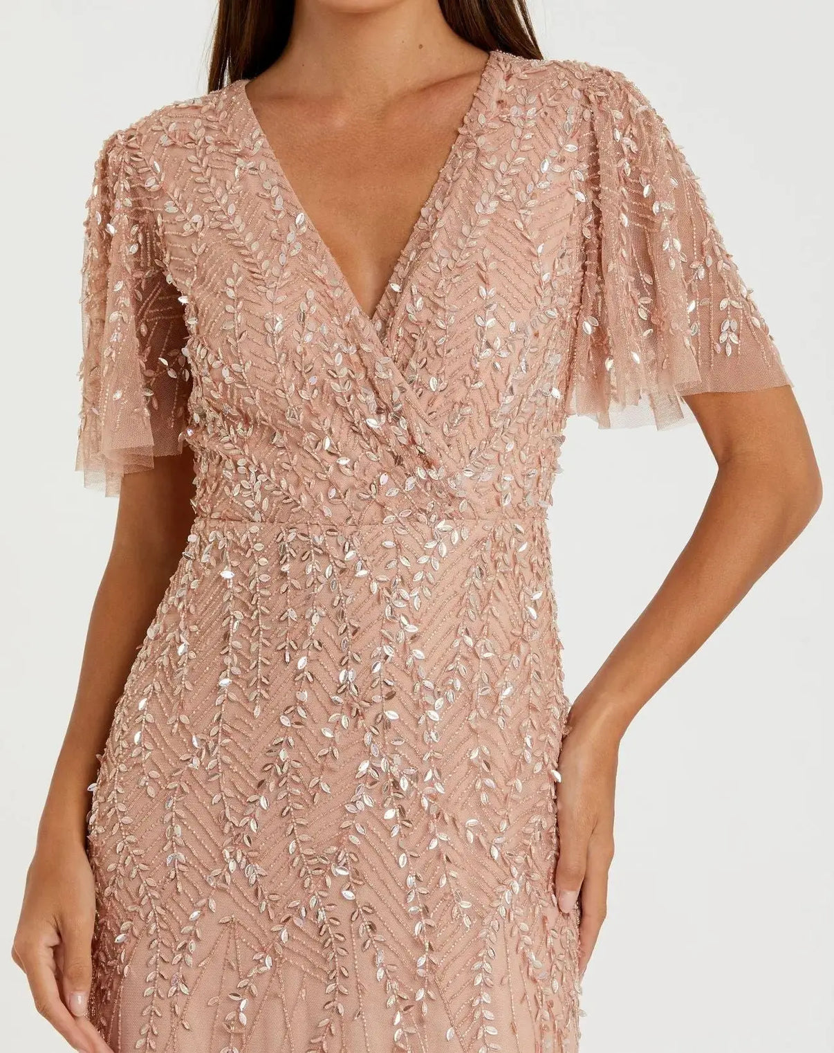 V-Neck Long Beaded Evening Gown by Mac Duggal 9935109P in Nude