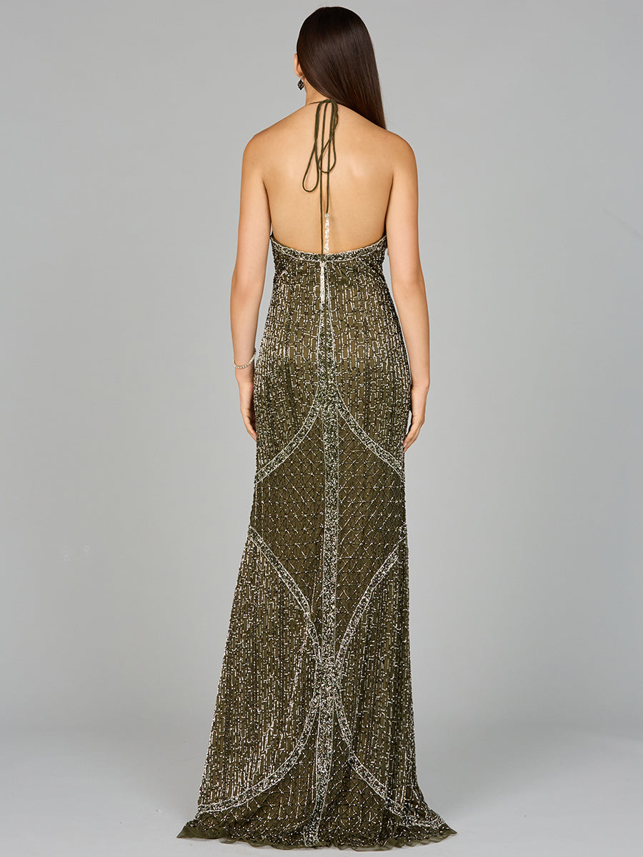 Prom Dresses ong Formal Beaded Halter Prom Dress Olive