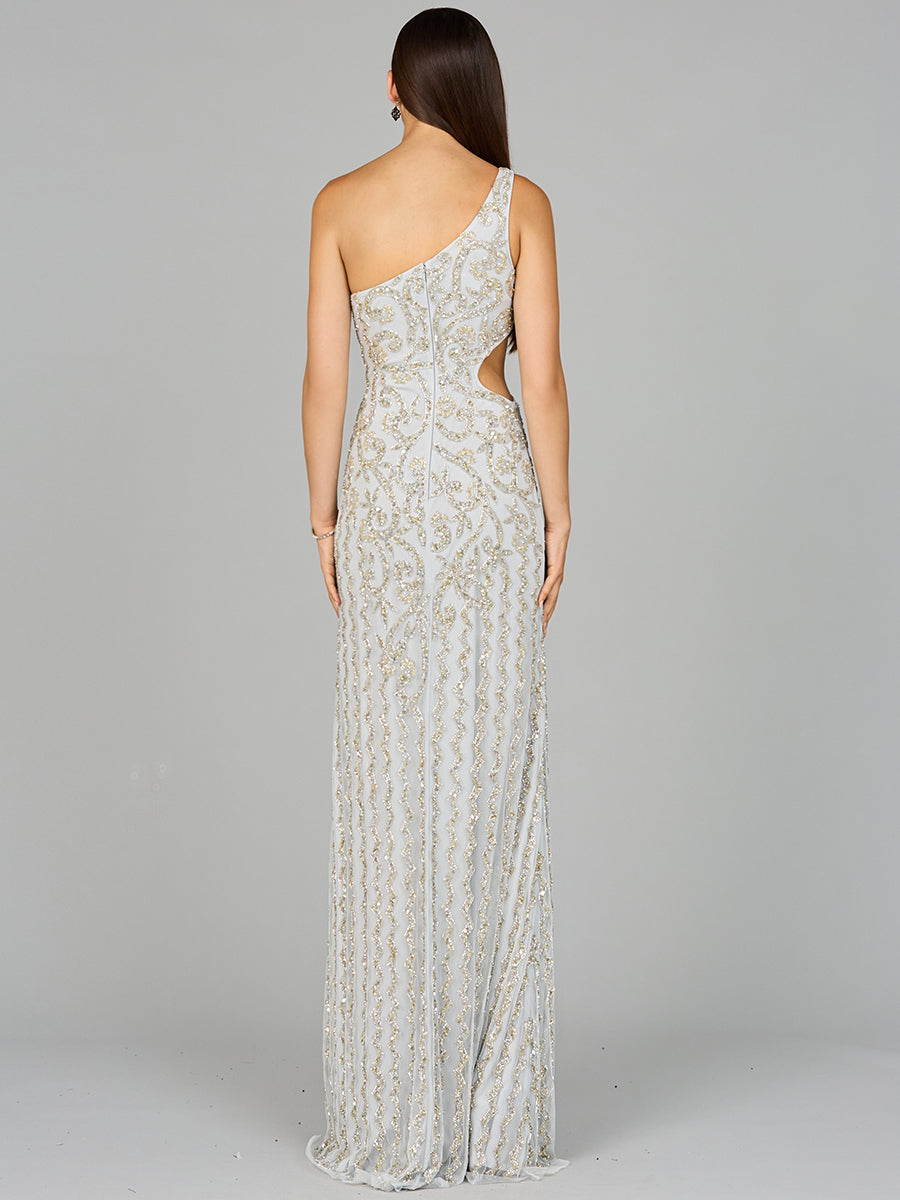 Prom Dresses Fitted Slit Long Formal Beaded Prom Dress Silver