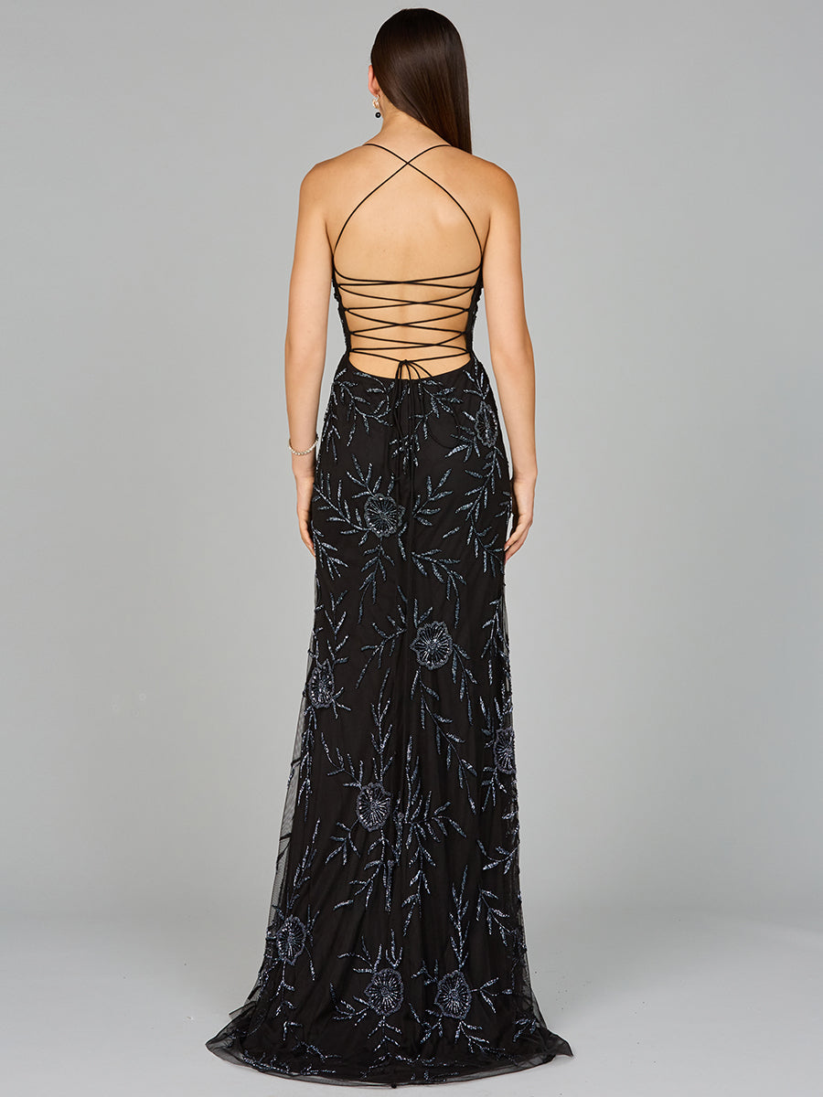 Prom Dresses Long Formal Beaded Floral Corset Prom Dress Black/Gunmetal