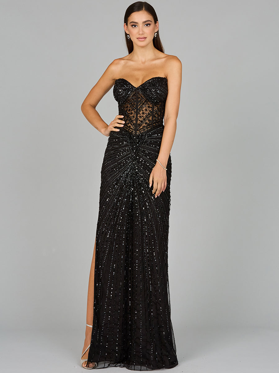 Black Lara Dresses 9953 Formal Long Beaded Corset Prom Dress for $495.0