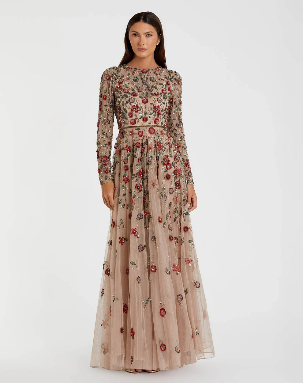 Jewel Neck Floor-Length Beaded Floral Tulle Formal A-Line Gown Mac Duggal 995533P