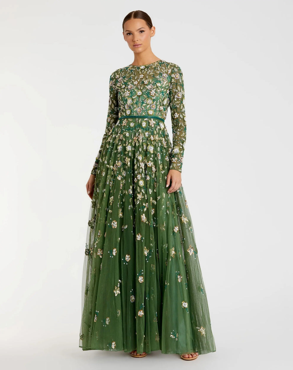 Jewel Neck Floor-Length Beaded Floral Tulle Formal A-Line Gown Mac Duggal 995533P