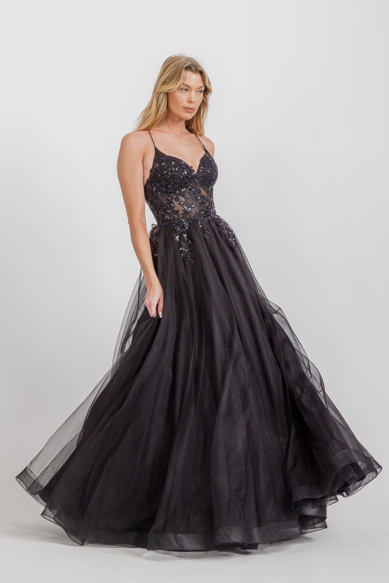 Prom Dresses Floral Applique Long Formal A Line Corset Prom Dress Eureka Fashion 9960 Black