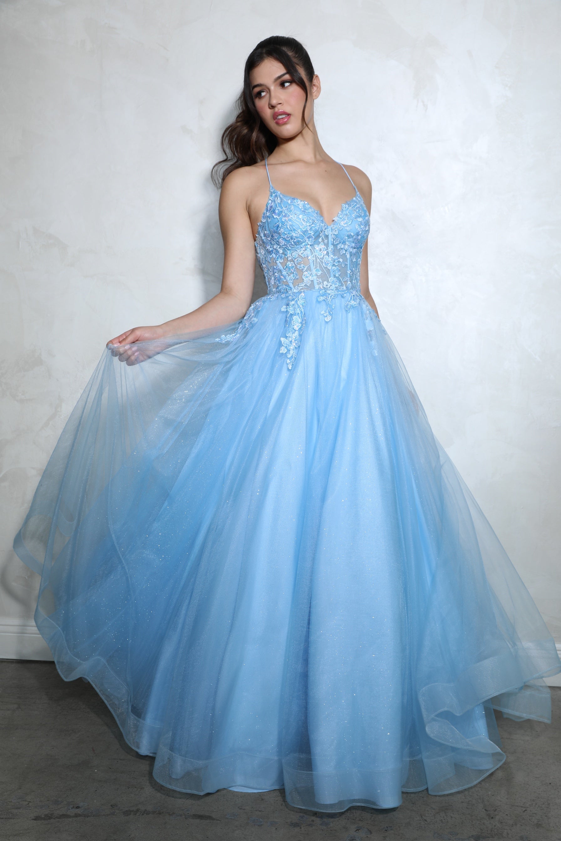 Prom Dresses Floral Applique Long Formal A Line Corset Prom Dress Eureka Fashion 9960 Blue