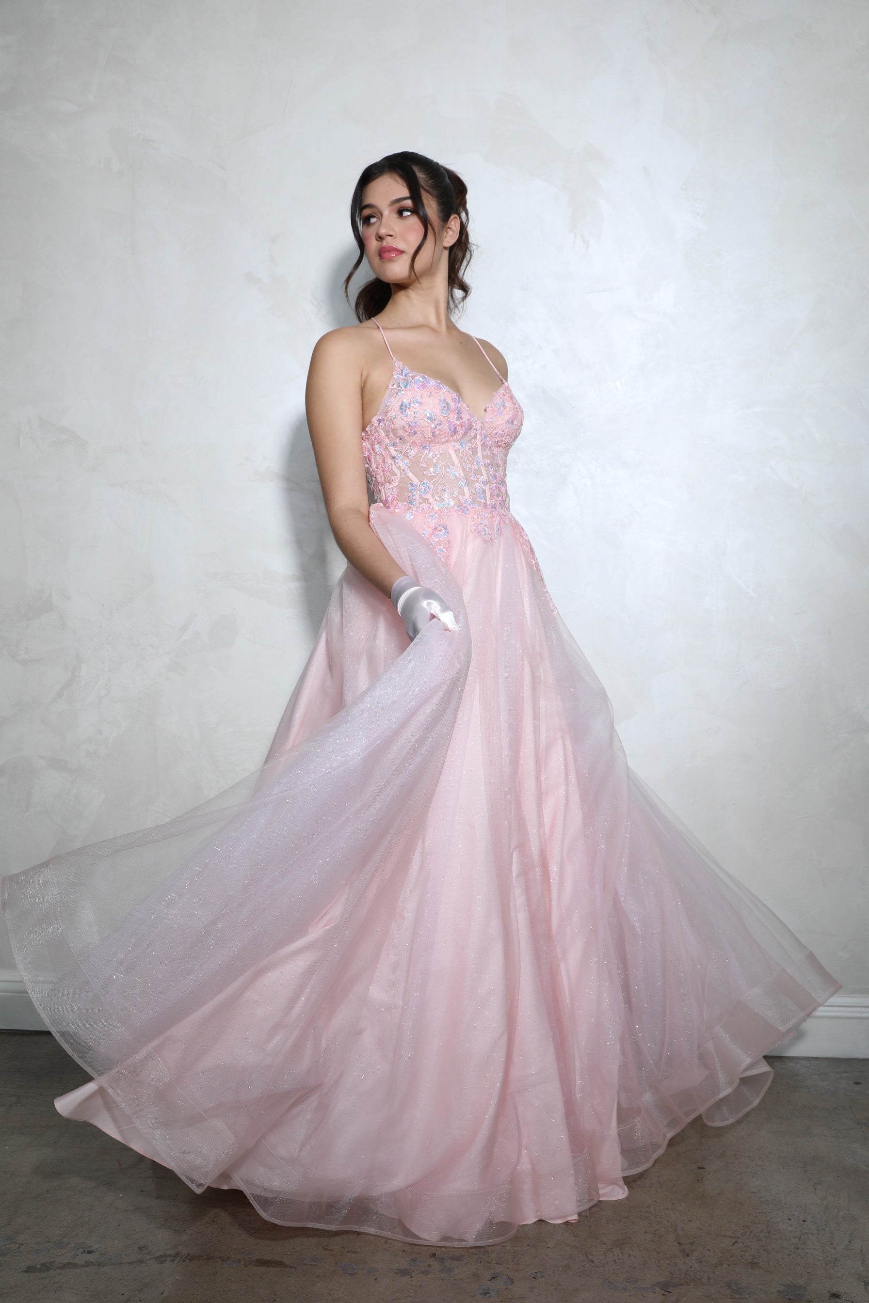 Prom Dresses Floral Applique Long Formal A Line Corset Prom Dress Eureka Fashion 9960 Pink
