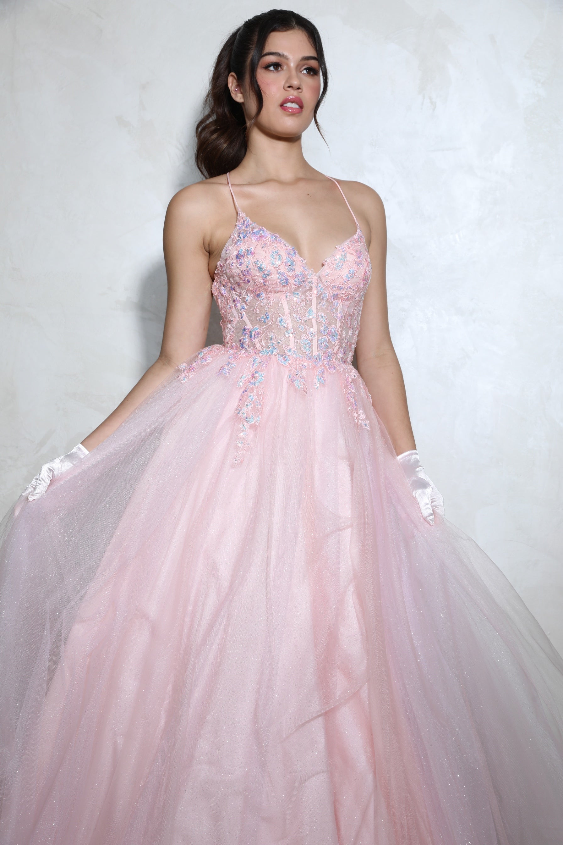 Prom Dresses Floral Applique Long Formal A Line Corset Prom Dress Eureka Fashion 9960 Pink