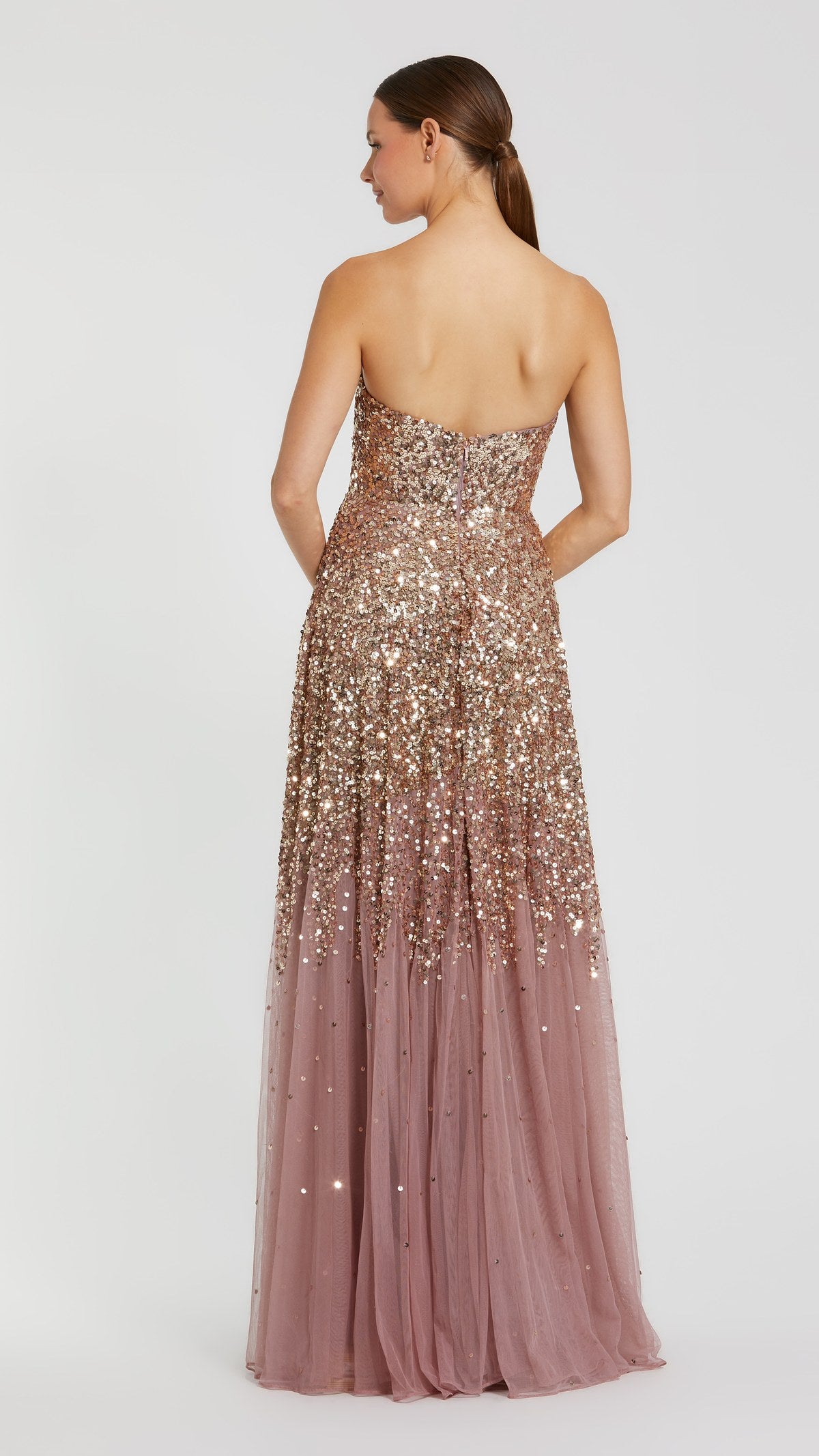 Mac Duggal style 996144P in Gold Amethyst, back view