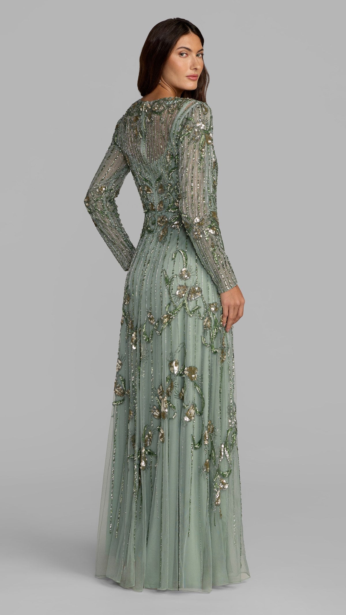 Mac Duggal style 996238P in Sage, back view