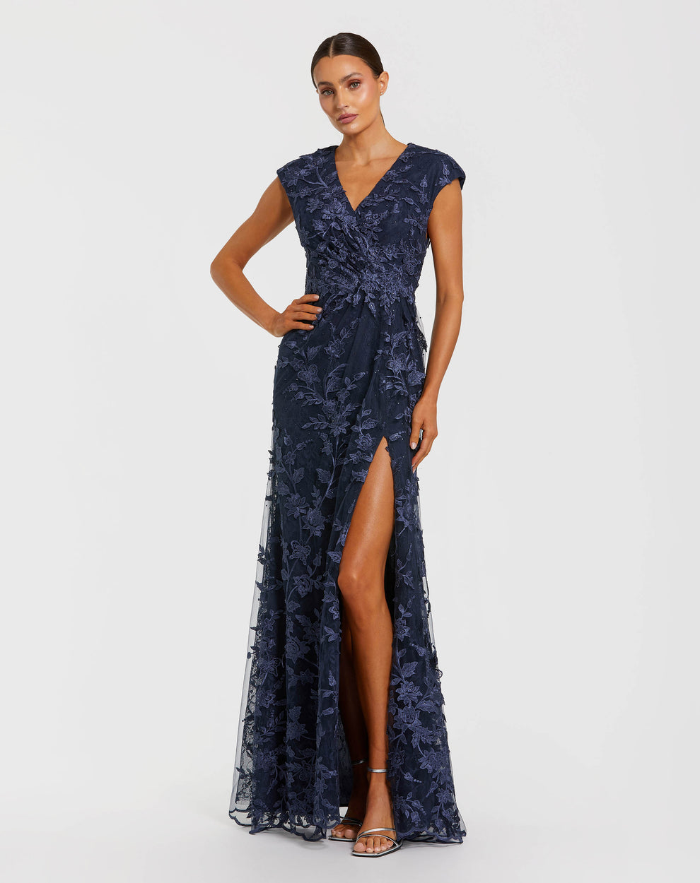 Midnight V-Neck Long Mesh Evening Dress Floral Mac Duggal 9967882P