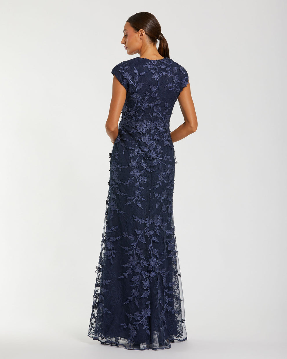 Midnight V-Neck Long Mesh Evening Dress Floral Mac Duggal 9967882P