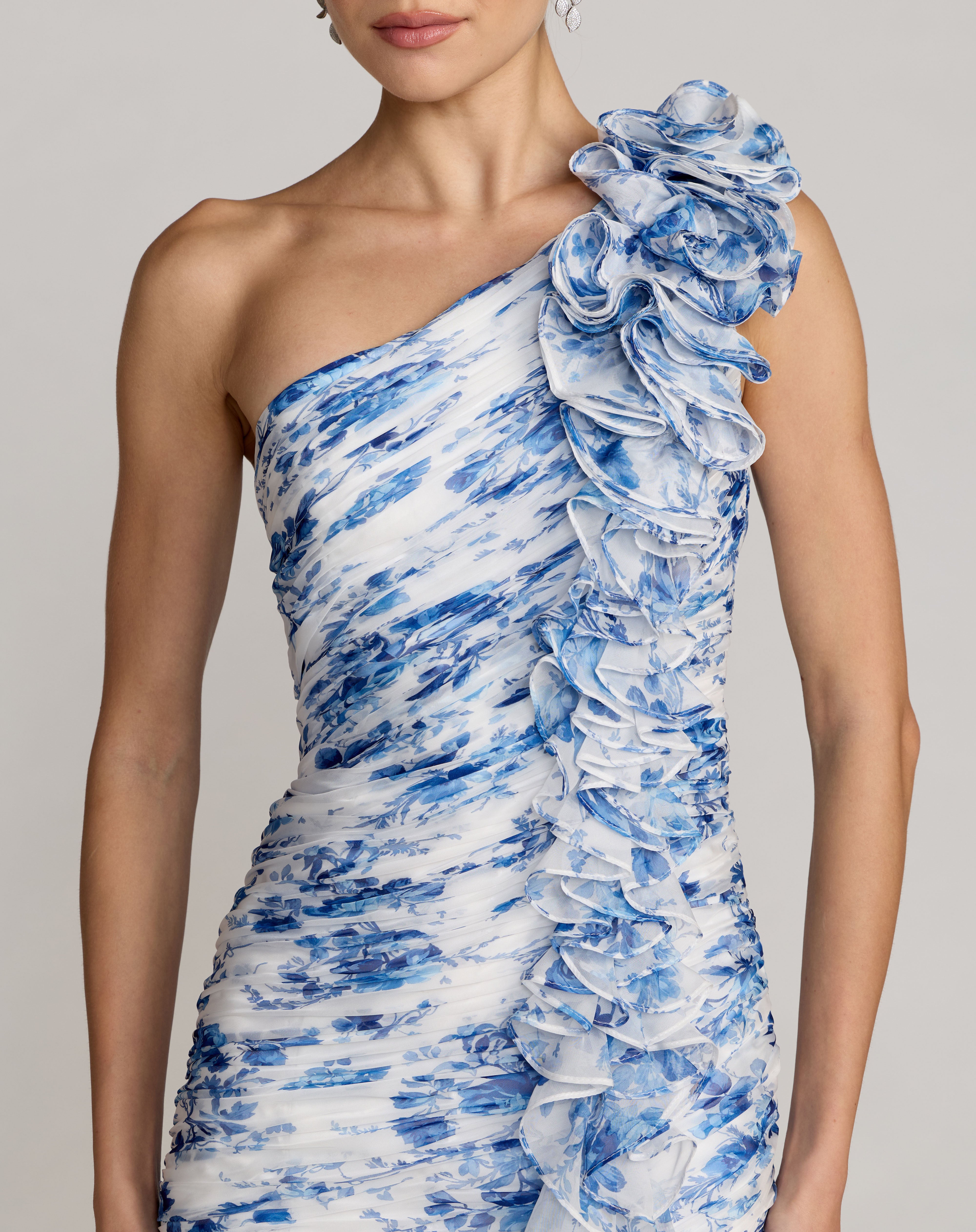 Blue Multi One-Shoulder Floor-Length Chiffon Formal Ruffle Dress Mac Duggal 9968992P