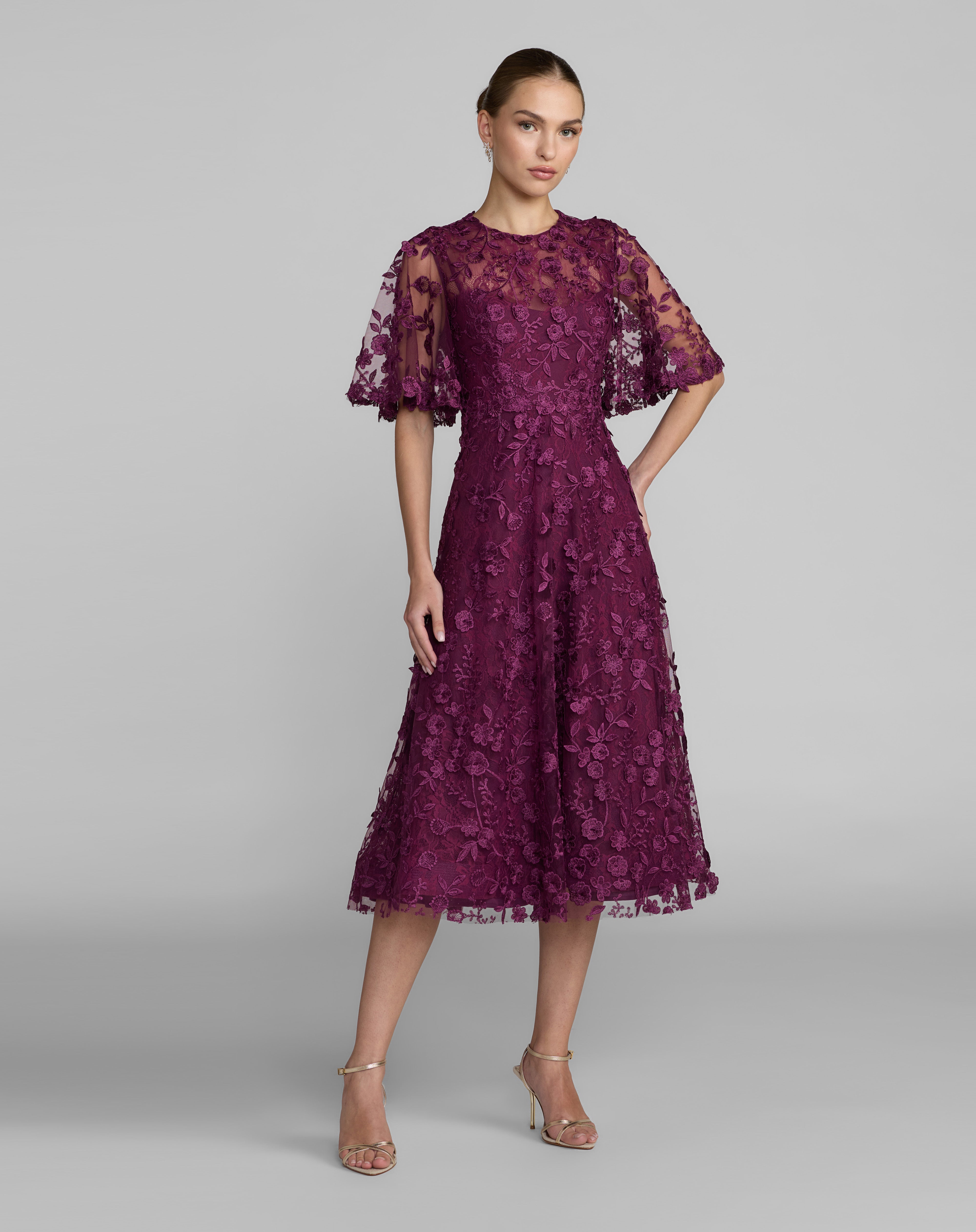 Aubergine Crew Neck Midi Mesh Cocktail Flutter Sleeve Dress Mac Duggal 9969036P
