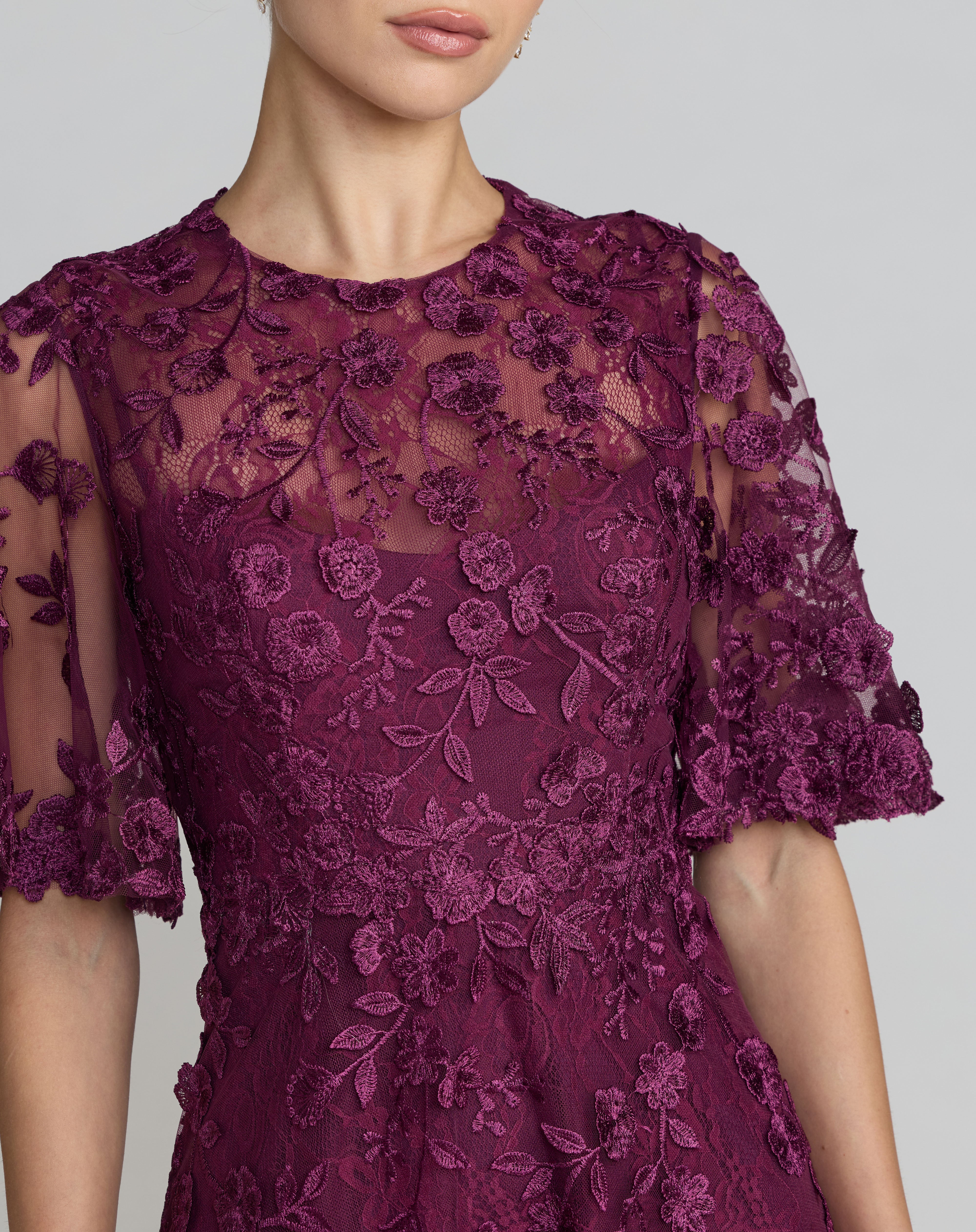 Aubergine Crew Neck Midi Mesh Cocktail Flutter Sleeve Dress Mac Duggal 9969036P