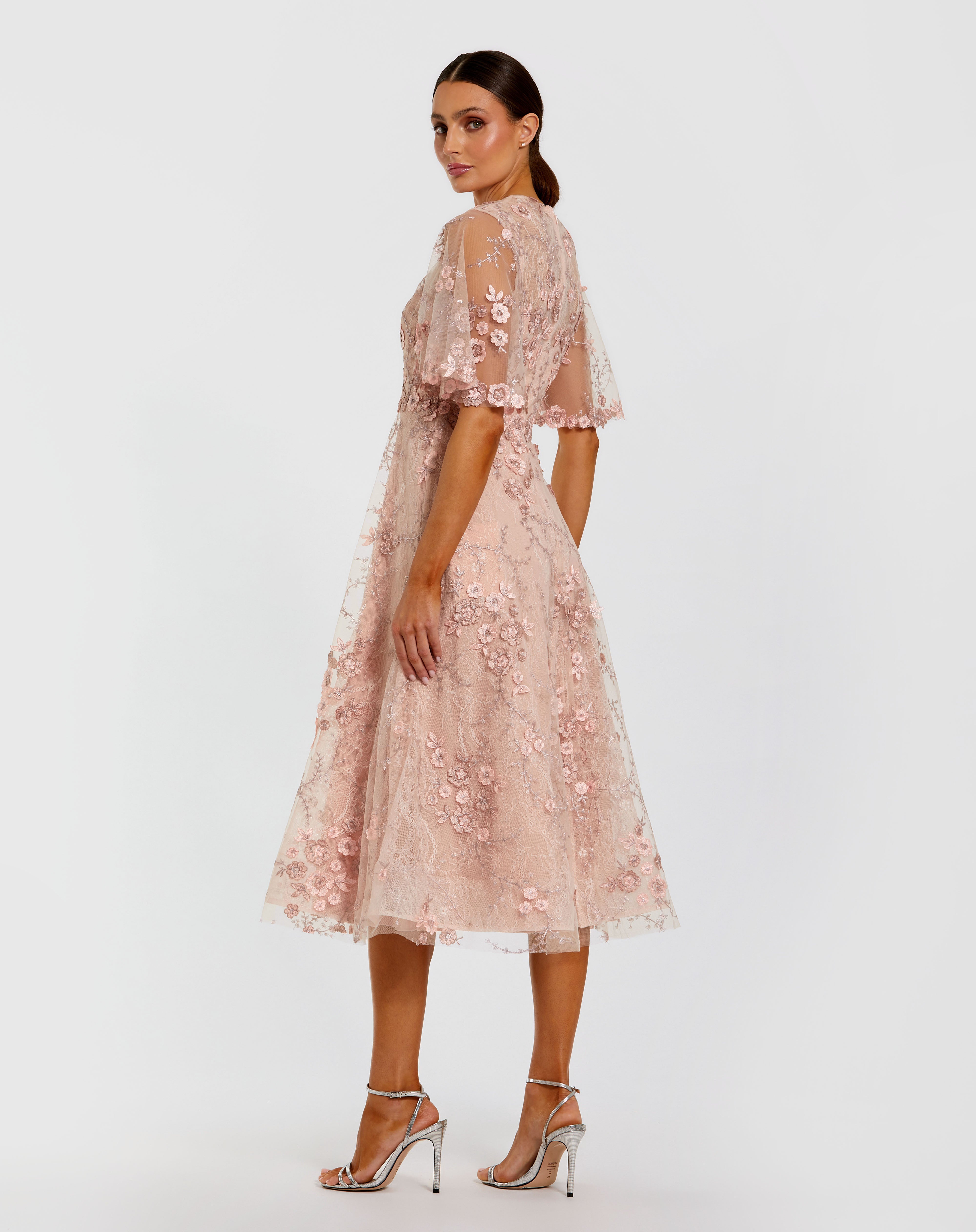 Blush Crew Neck Midi Mesh Cocktail Flutter Sleeve Dress Mac Duggal 9969036P