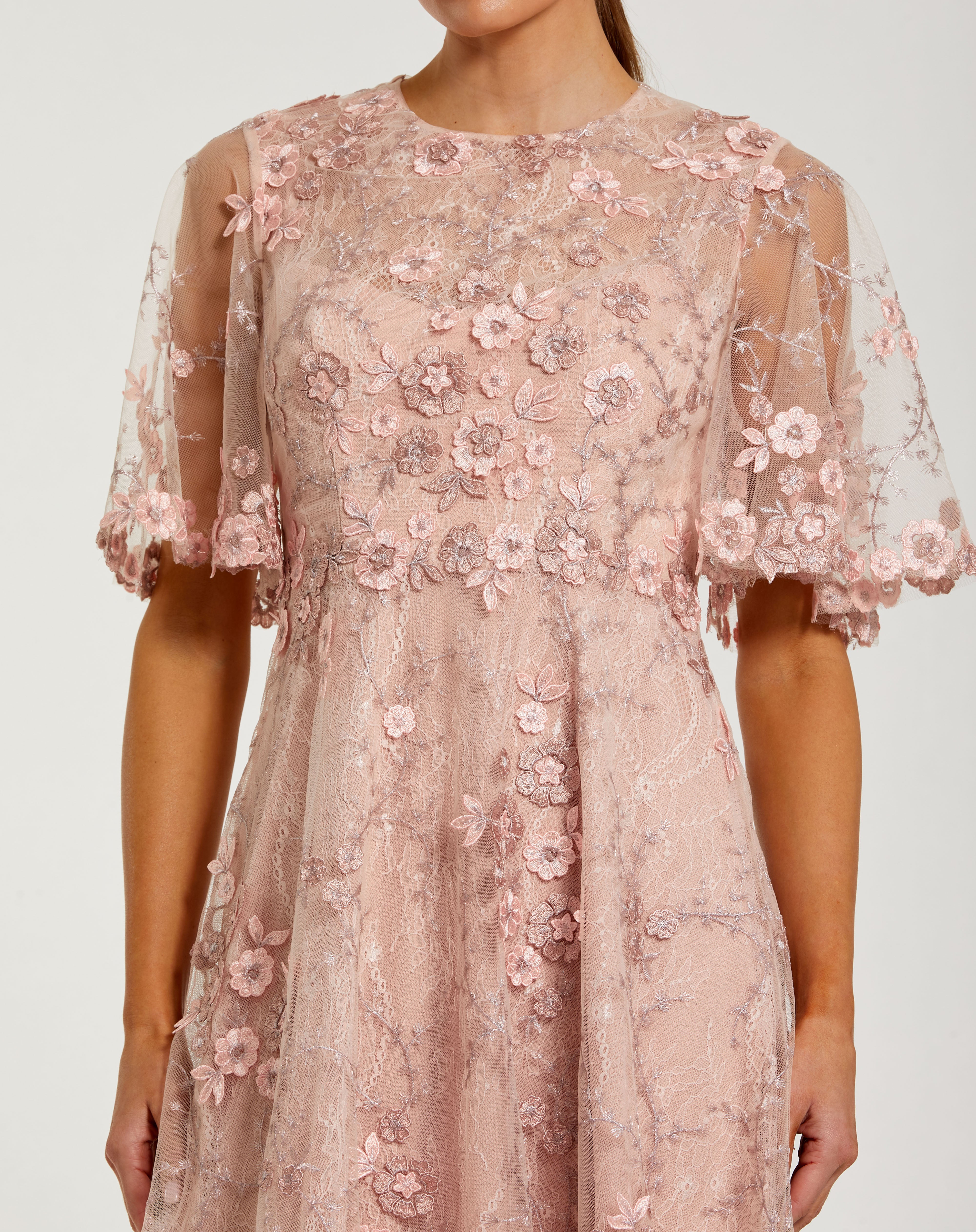 Blush Crew Neck Midi Mesh Cocktail Flutter Sleeve Dress Mac Duggal 9969036P