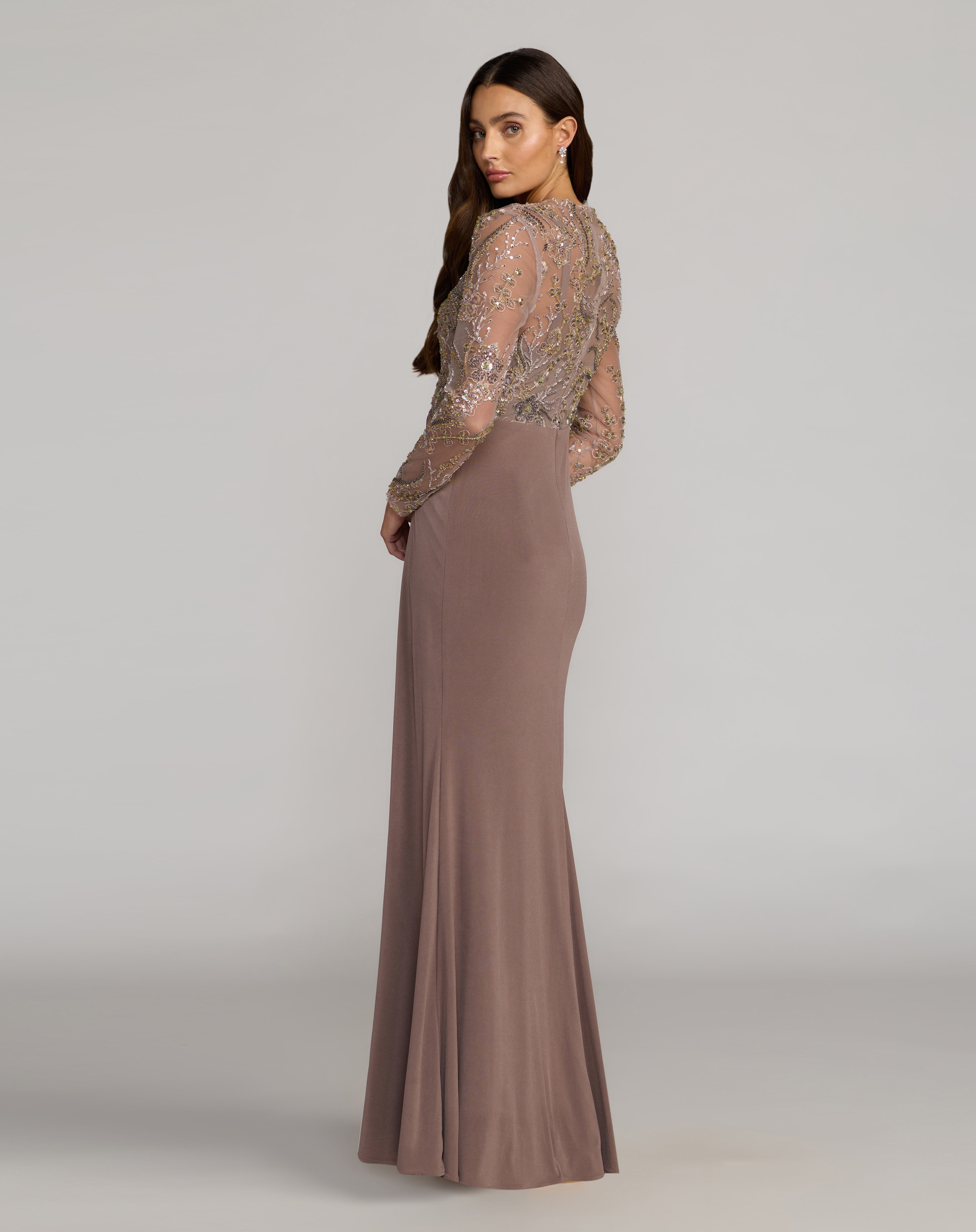 Golden Brown Crew Neck Floor-Length Mesh Formal Beaded Dress Mac Duggal 9969121P