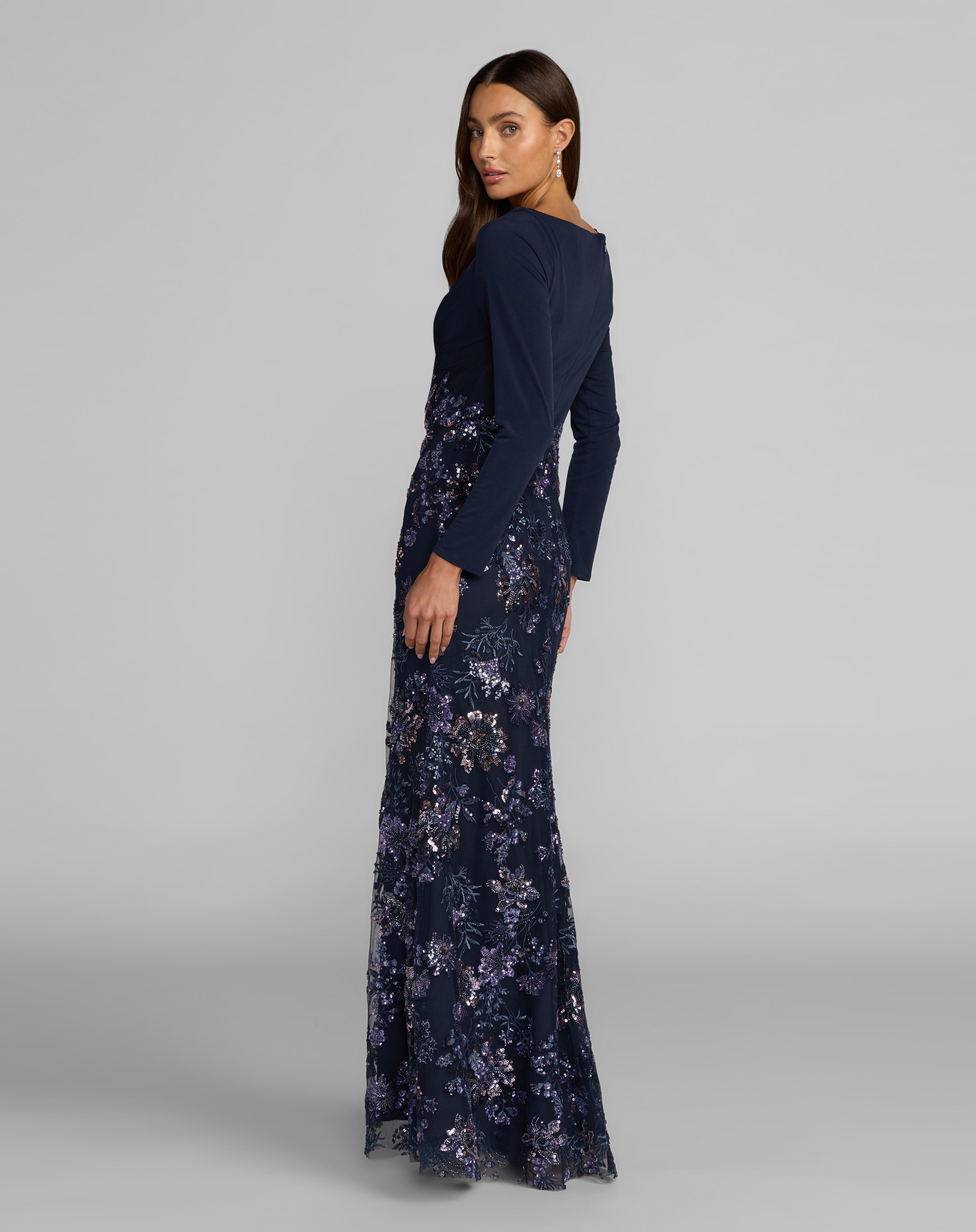 Midnight Multi V-Neck Floor-Length Mesh Formal Sequin Floral Dress Mac Duggal 9969122P