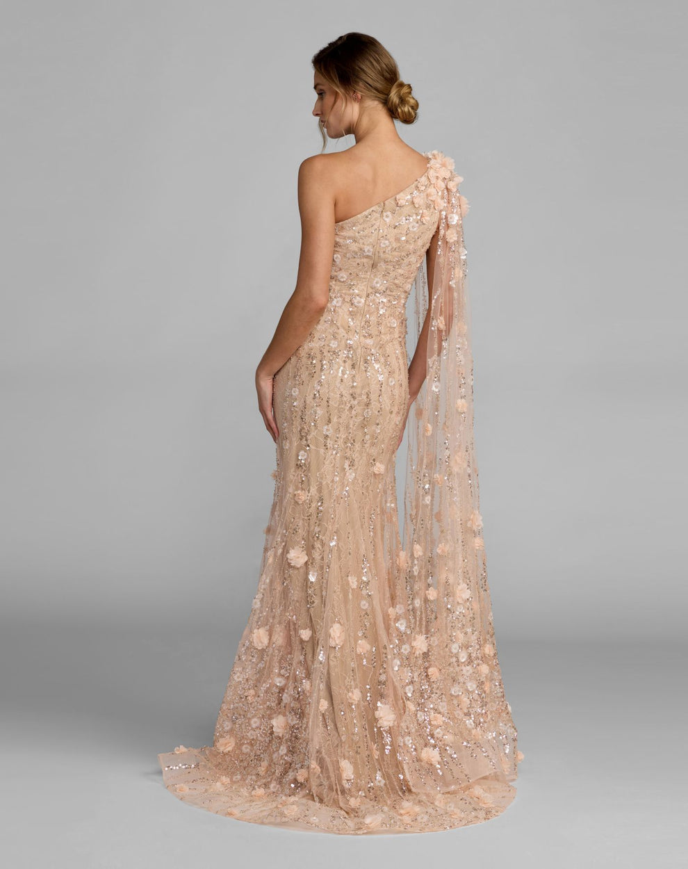 Porcelain One-Shoulder Floor-Length Sequin Formal Capelet Dress Mac Duggal 9969190P