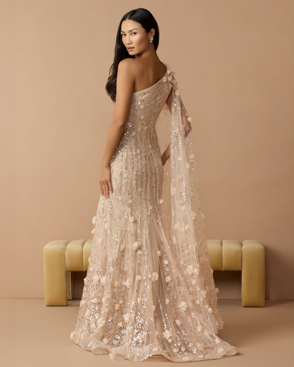 Porcelain One-Shoulder Floor-Length Sequin Formal Capelet Dress Mac Duggal 9969190P