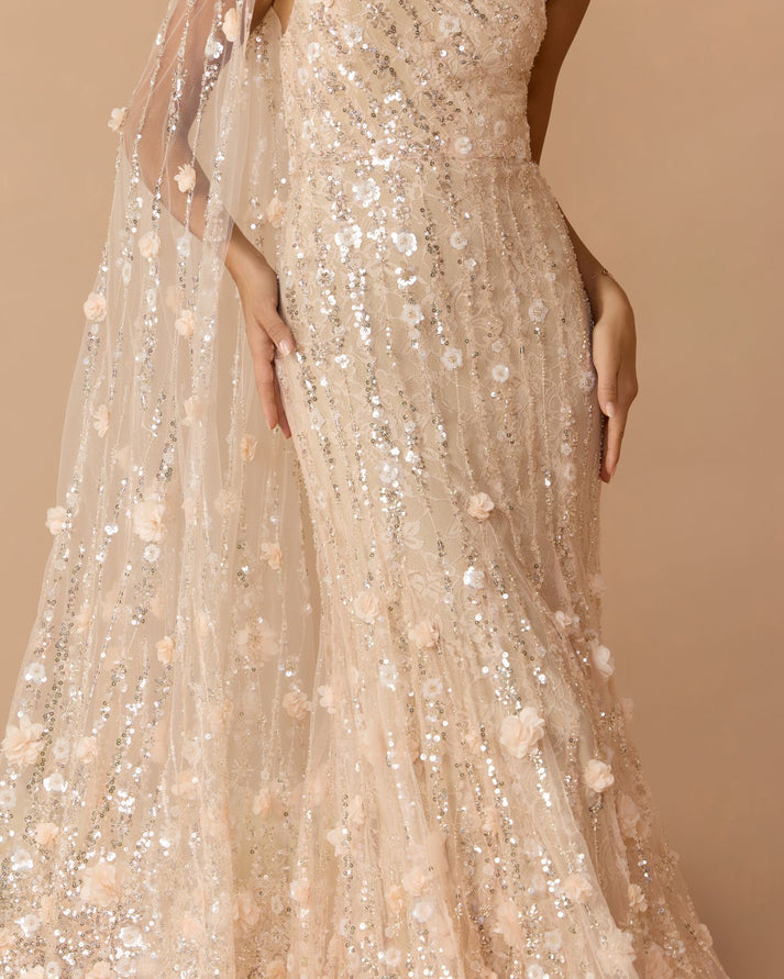 Porcelain One-Shoulder Floor-Length Sequin Formal Capelet Dress Mac Duggal 9969190P