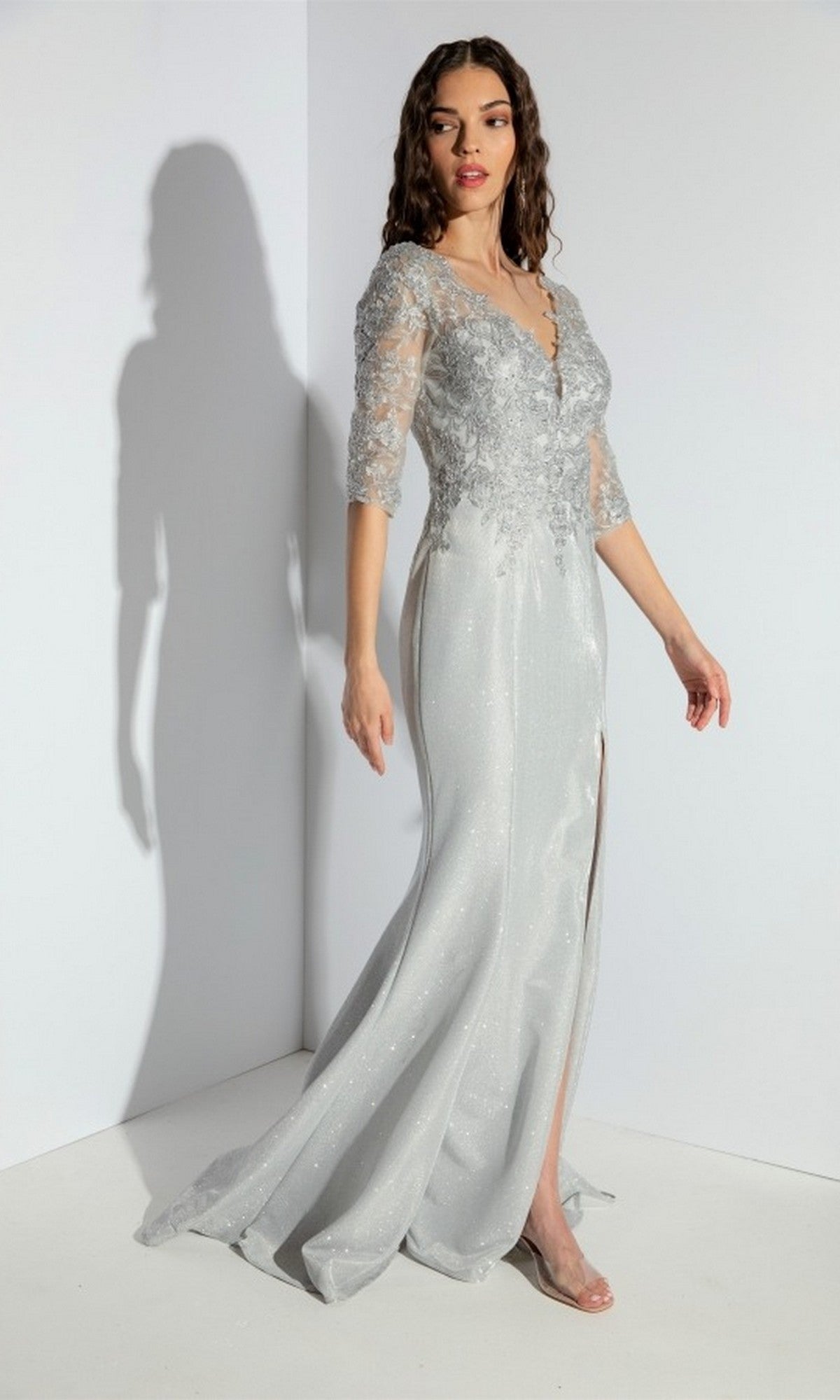Prom Dresses Fitted Long Formal Slit Glitter Prom Dress Eureka Fashion 9970 Silver