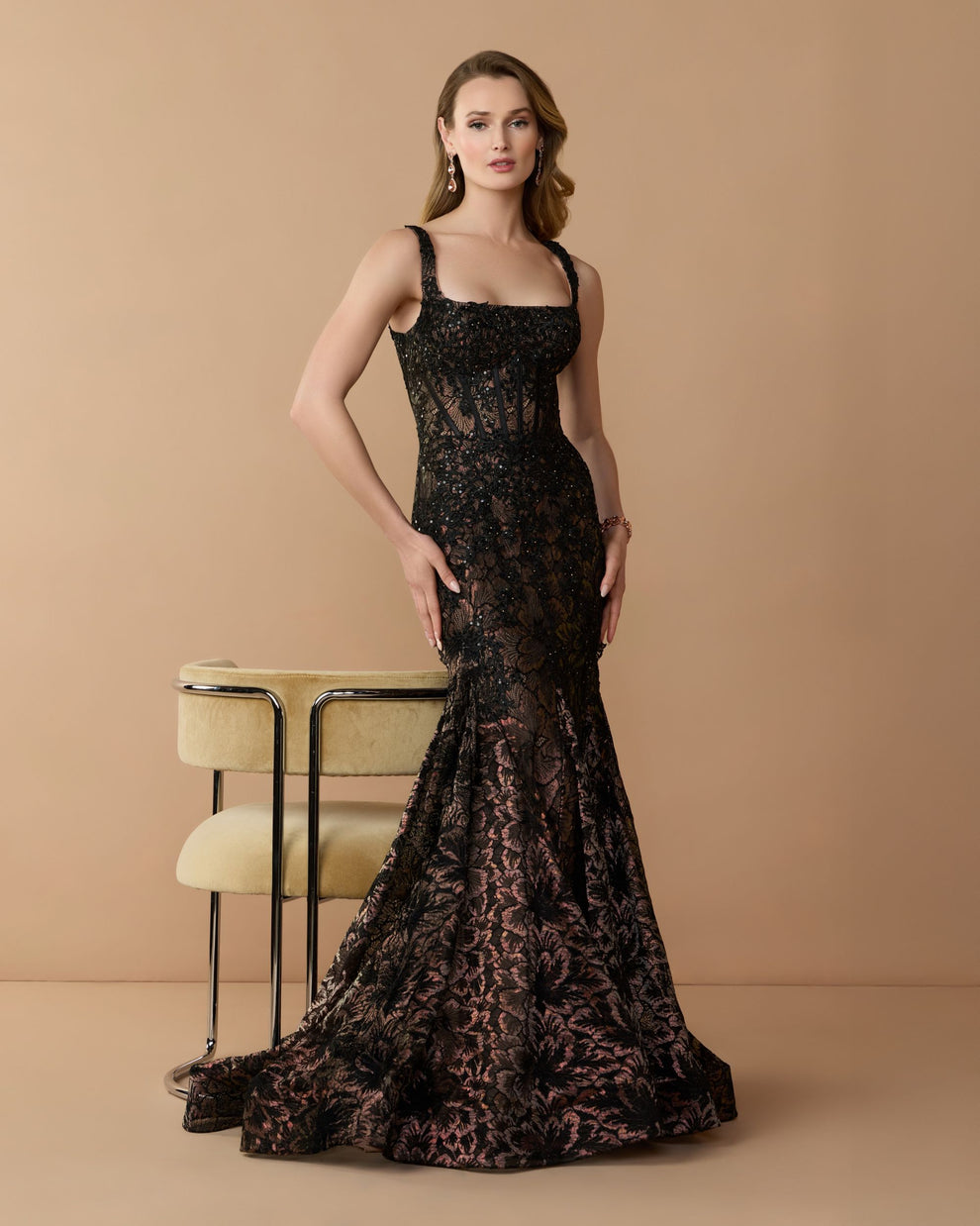 Black Square Neck Long Lace Prom Mermaid Dress Mac Duggal 9979472P