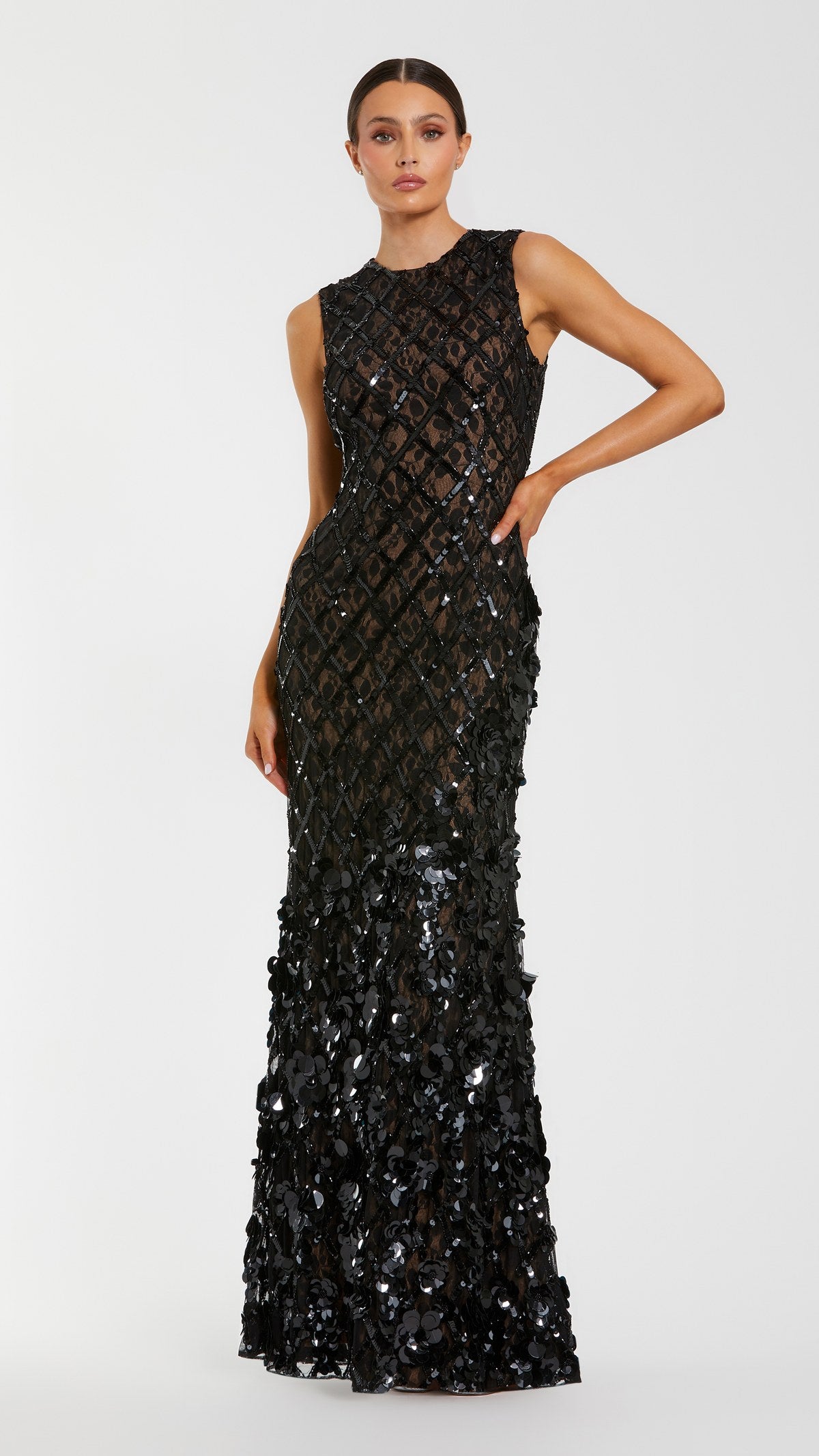 Mac Duggal style 9994277P in Black Nude, front view