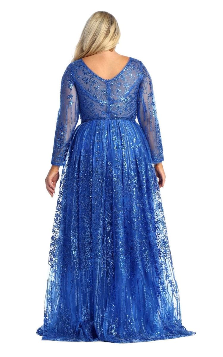 V-Neck Floor-Length Lace Evening Gown A-Line May Queen RQ7920