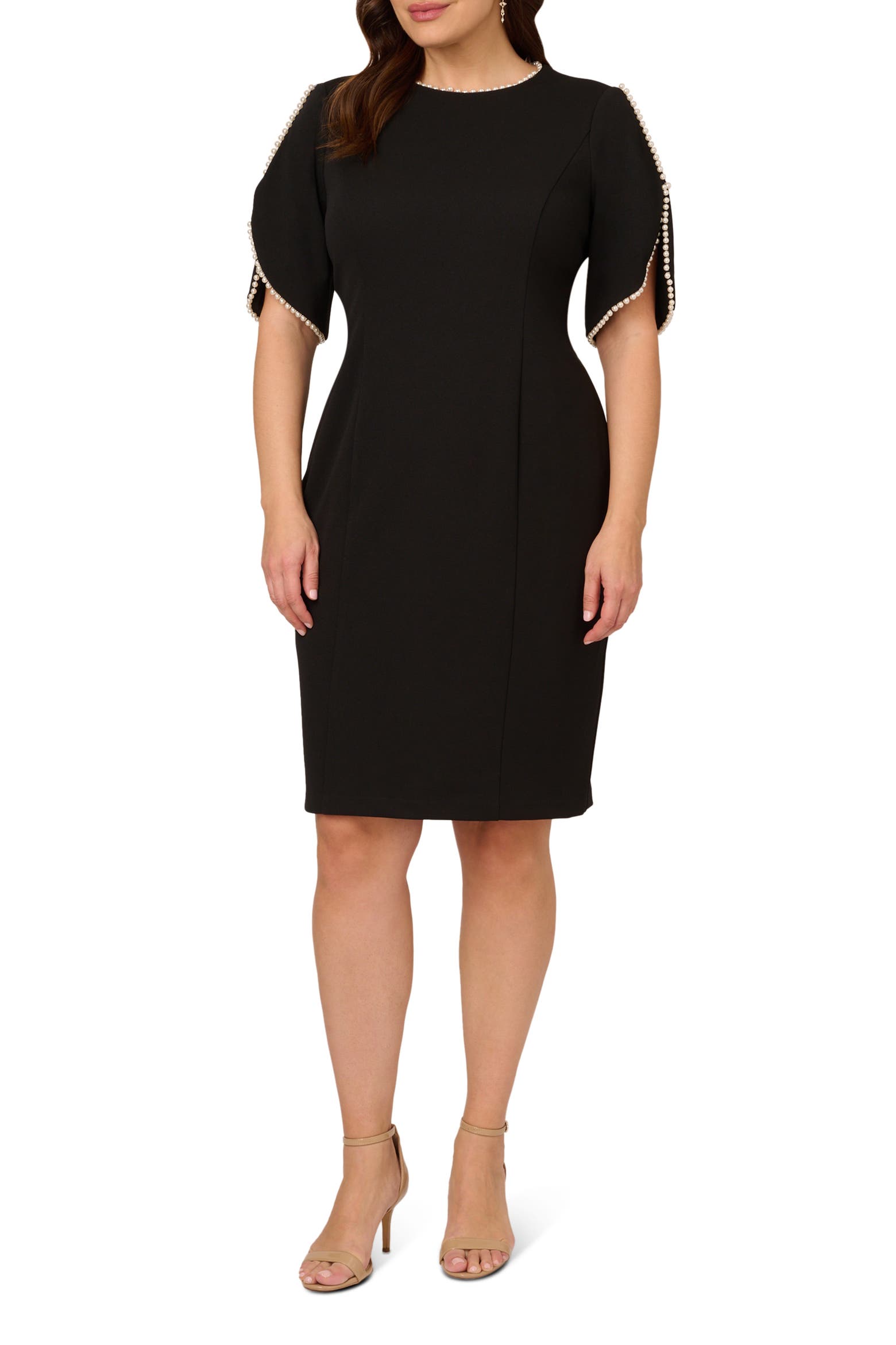 Black Adrianna Papell AP1D105271 Jewel Neck Short Cocktail Dress Flutter Sleeve