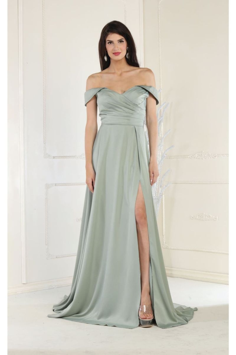 Sage Off-the-Shoulder Floor-Length Chiffon Formal High Slit Gown May Queen MQ1960