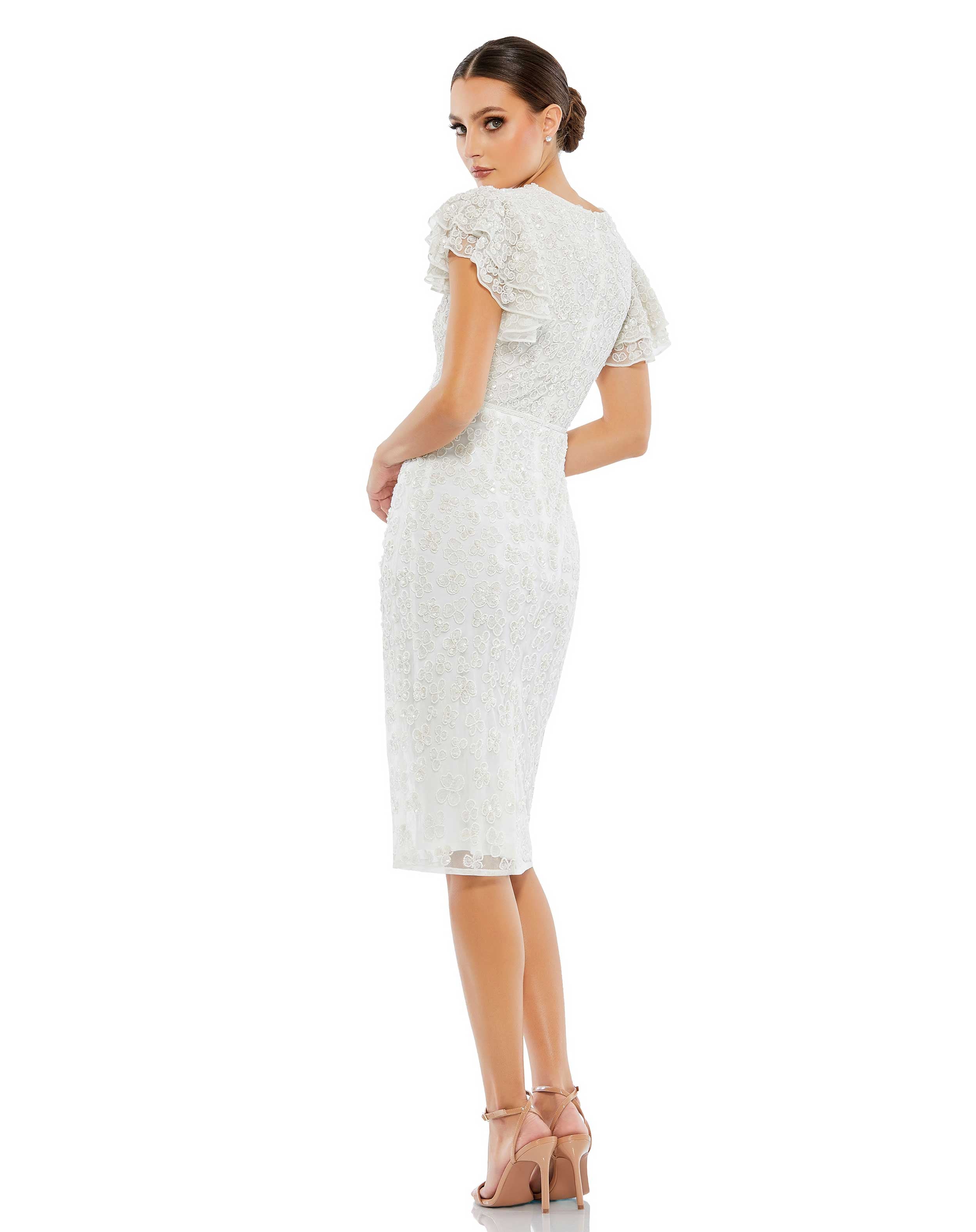 Cocktail Dresses Short Floral Sequin Beaded Cocktail Dress White