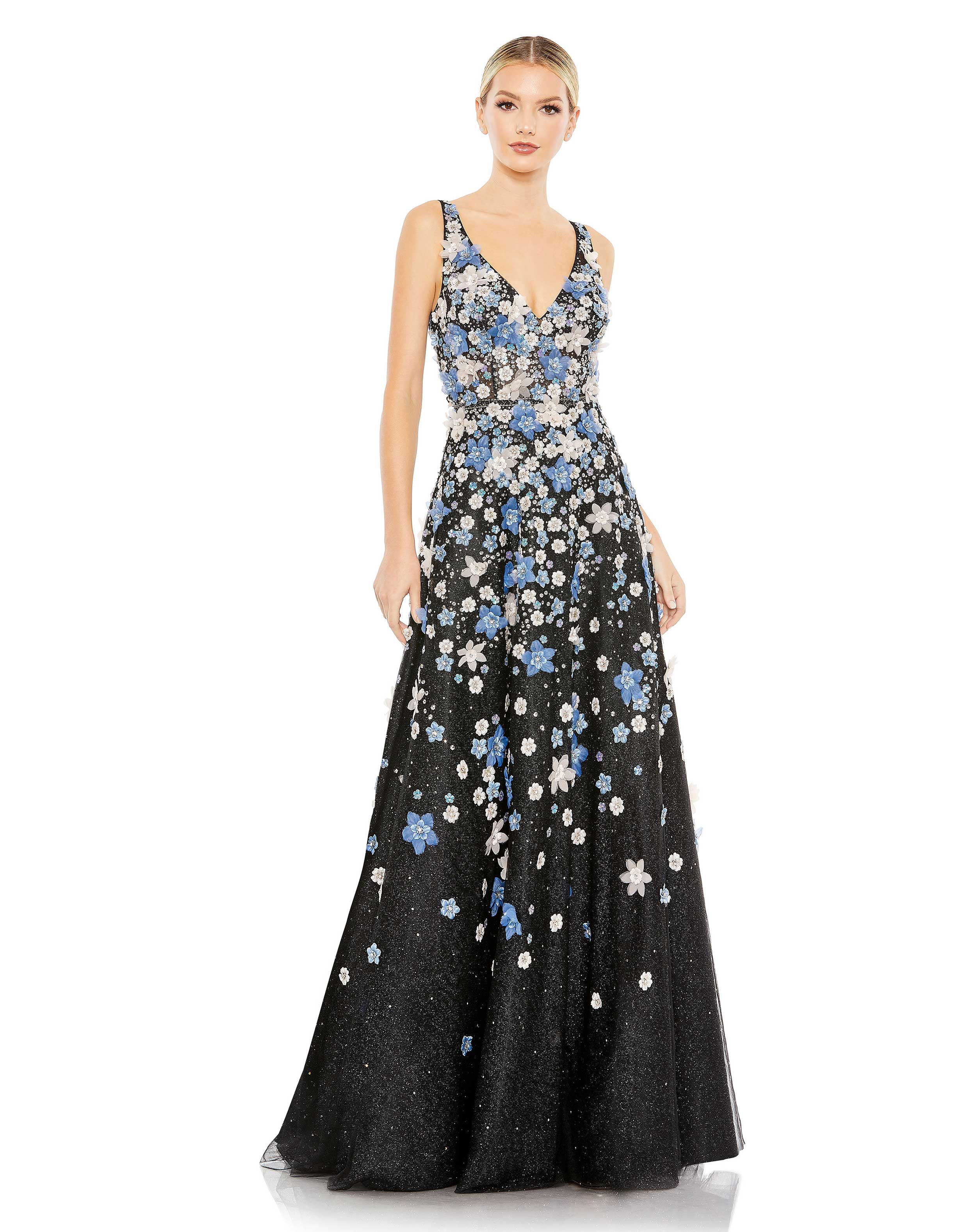 Black Multi Mac Duggal A11169 Long Floral A Line Formal Prom Dress for