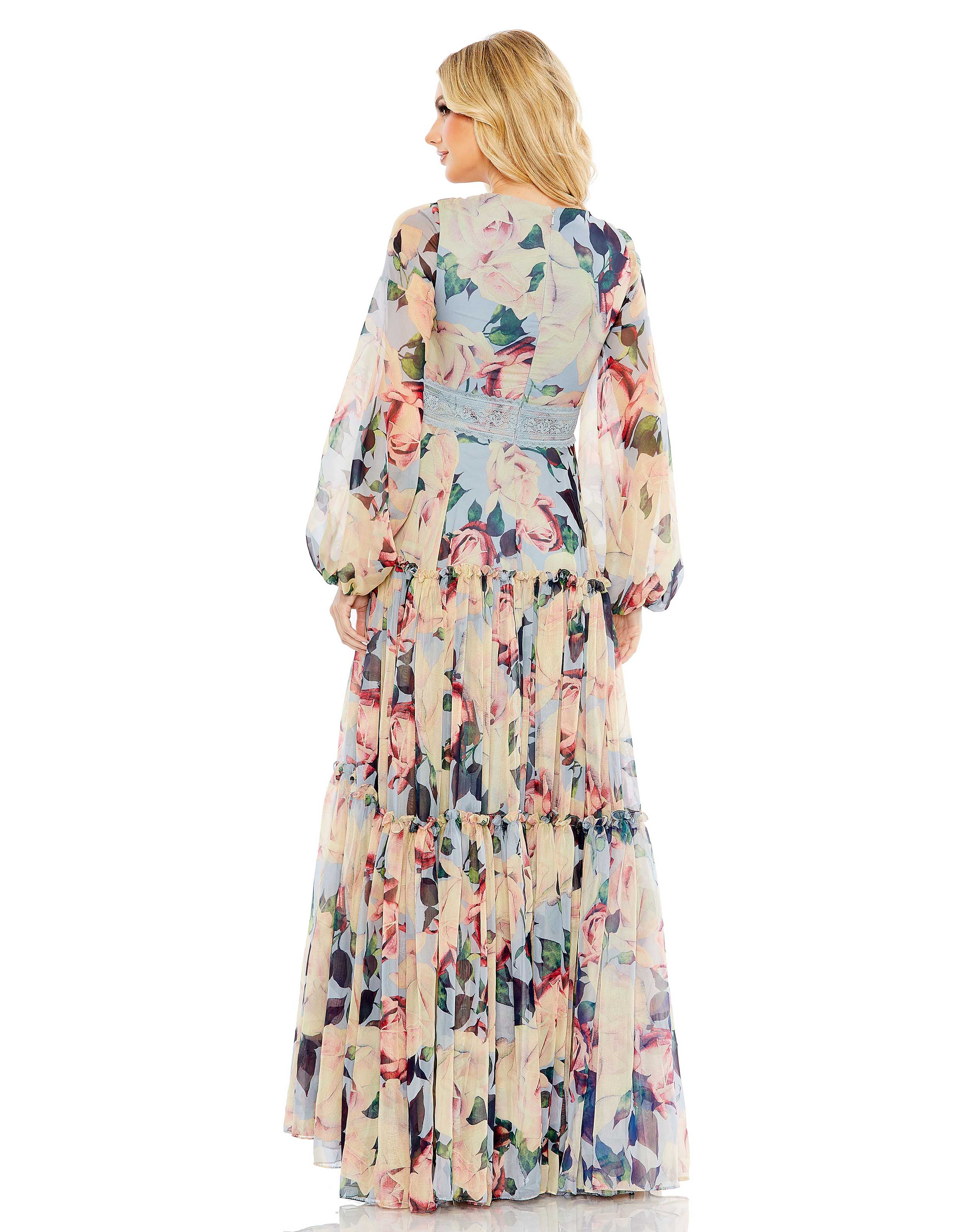 Formal Dresses Long Sleeve Floral A Line Formal Prom Dress Blue Multi