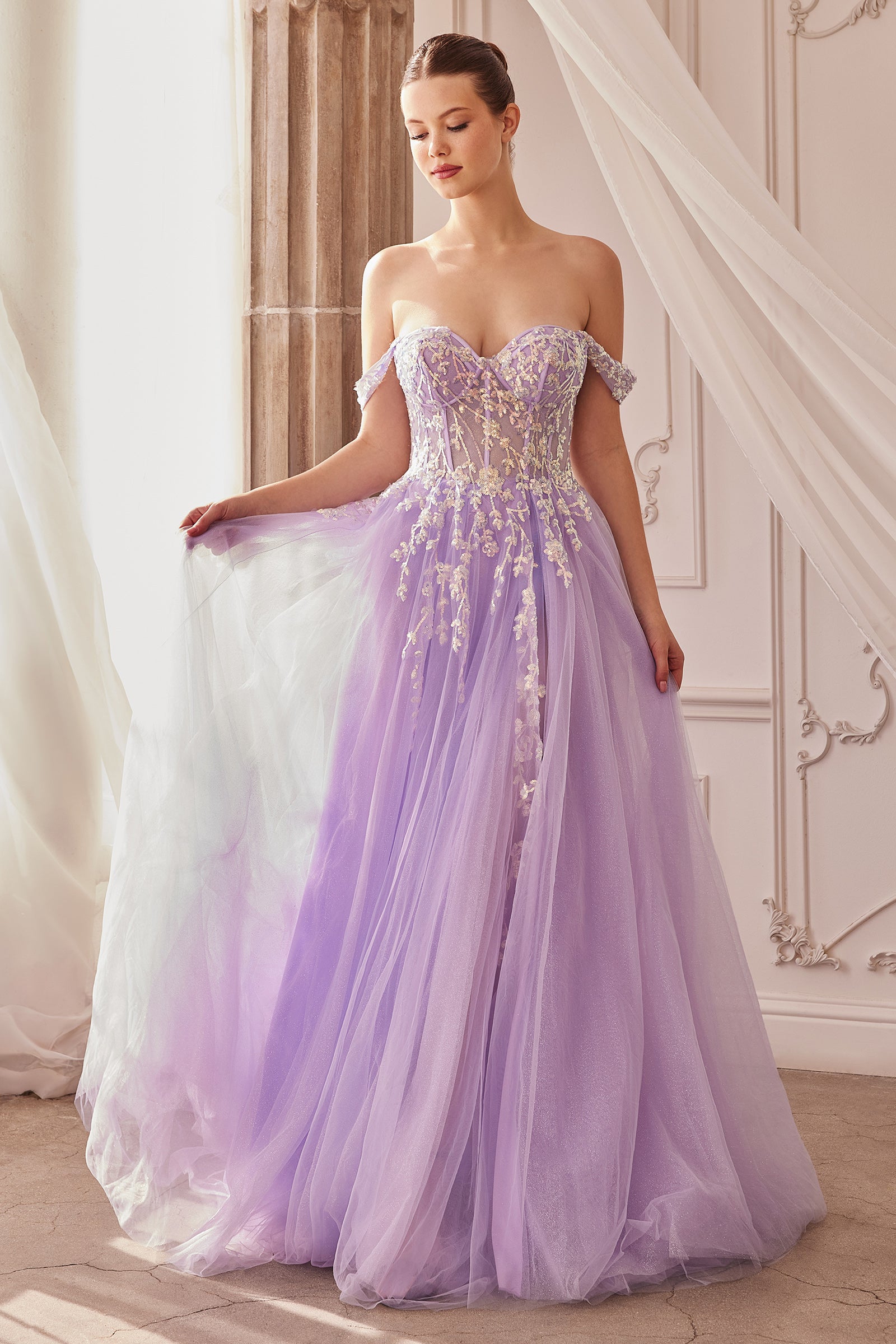 Purple Shoulder Beaded Floor Length Prom Dress Purple Off Shoulder