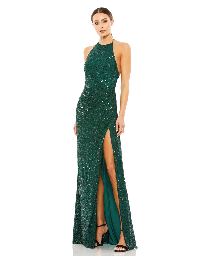 Prom Dresses Sequins Long Formal Slit Prom Gown Bottle Green