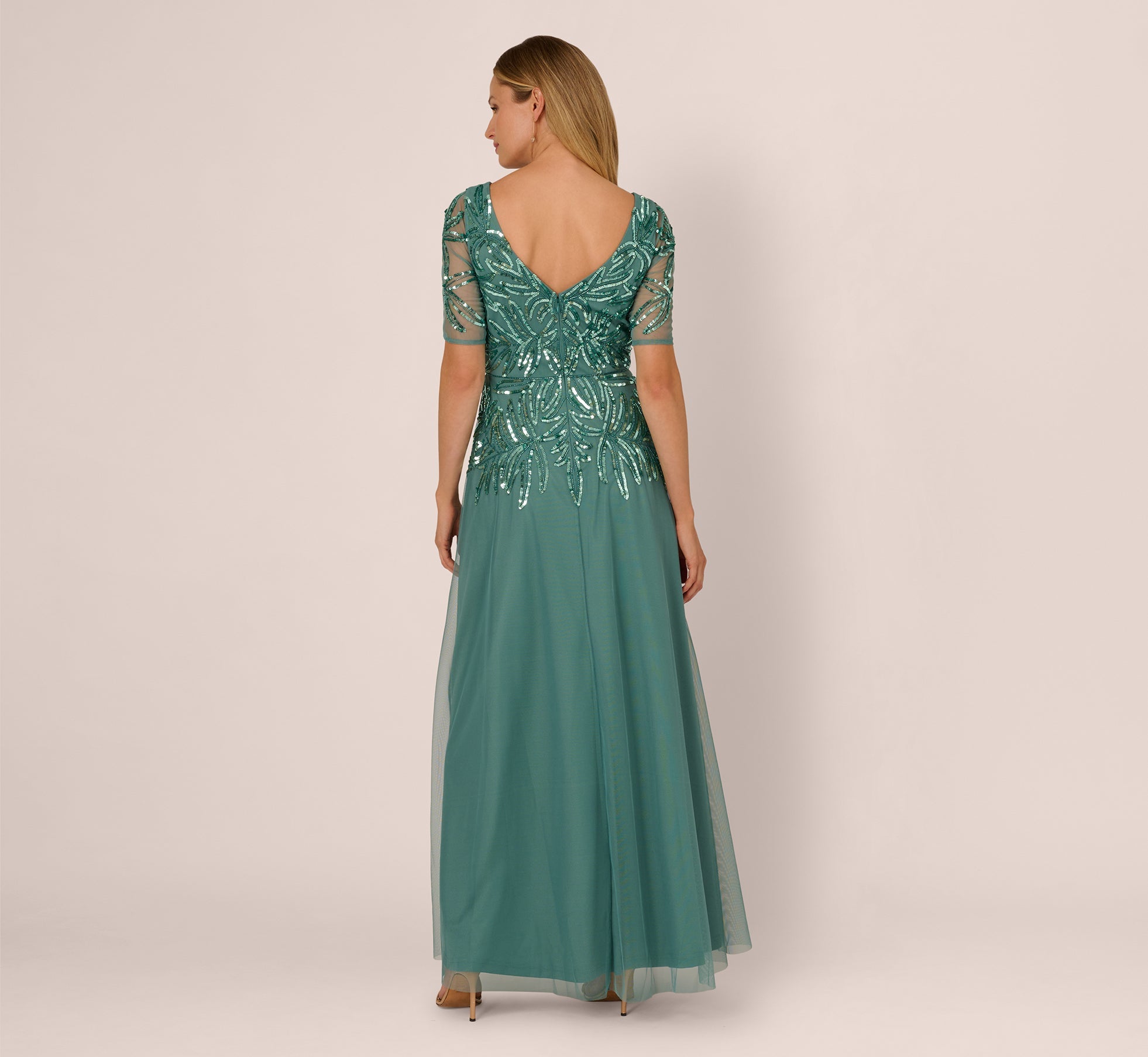 Green Slate Adrianna Papell AD5E211660 V-Neck Long Mesh Formal Dress Sequin