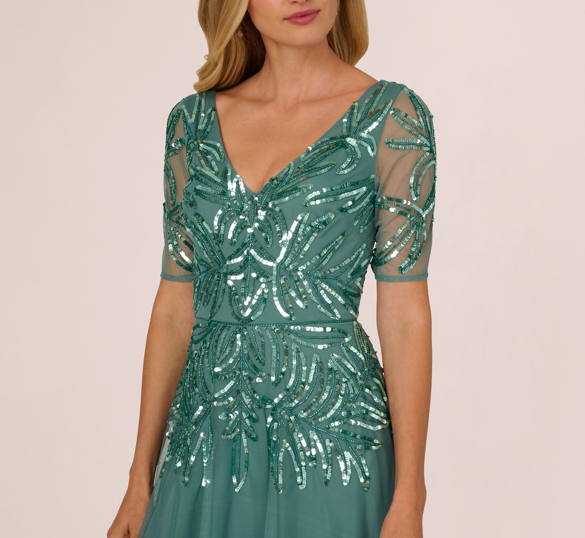 Green Slate Adrianna Papell AD5E211660 V-Neck Long Mesh Formal Dress Sequin