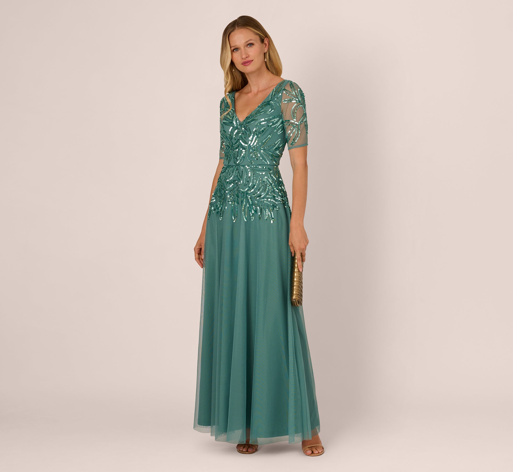 Green Slate Adrianna Papell AD5E211660 V-Neck Long Mesh Formal Dress Sequin