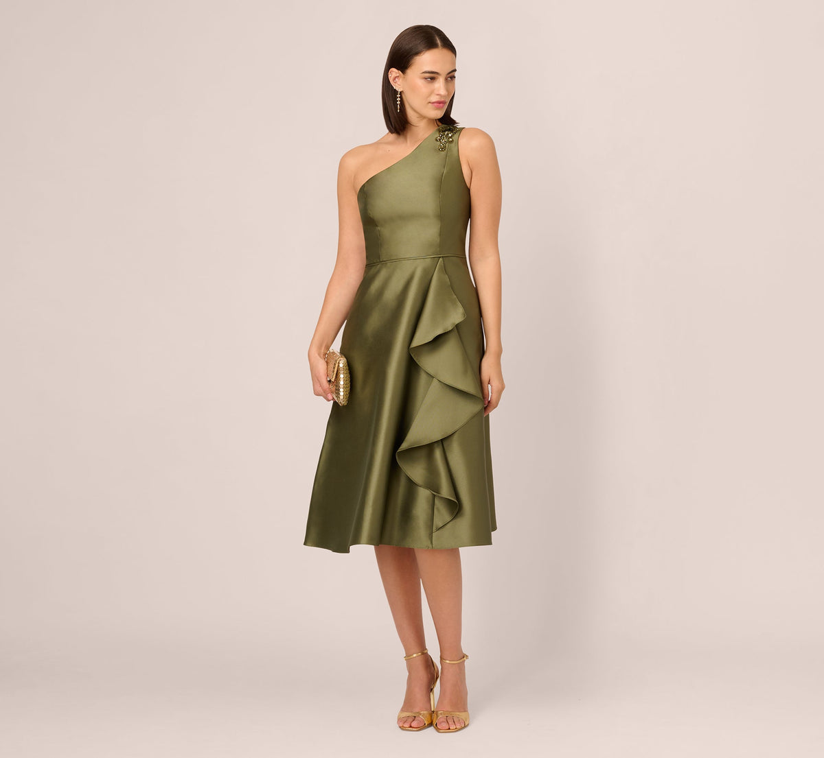 Jungle Olive Adrianna Papell AD5E212246 One-Shoulder Knee-Length Satin Cocktail Dress Ruffle