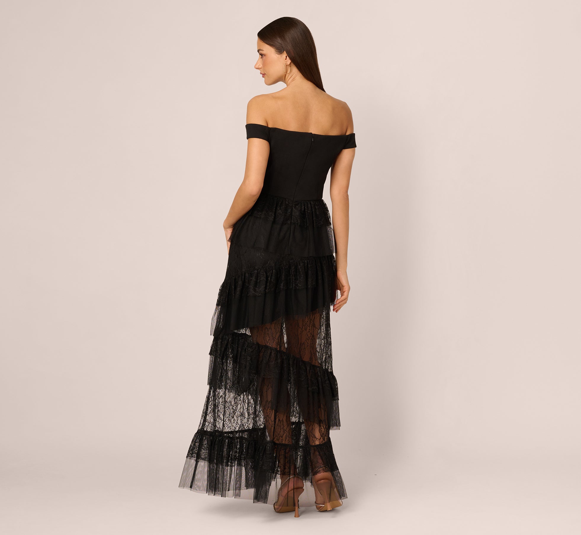 Black Adrianna Papell ADAE212592 Off Shoulder Long Lace Prom Tiered Dress