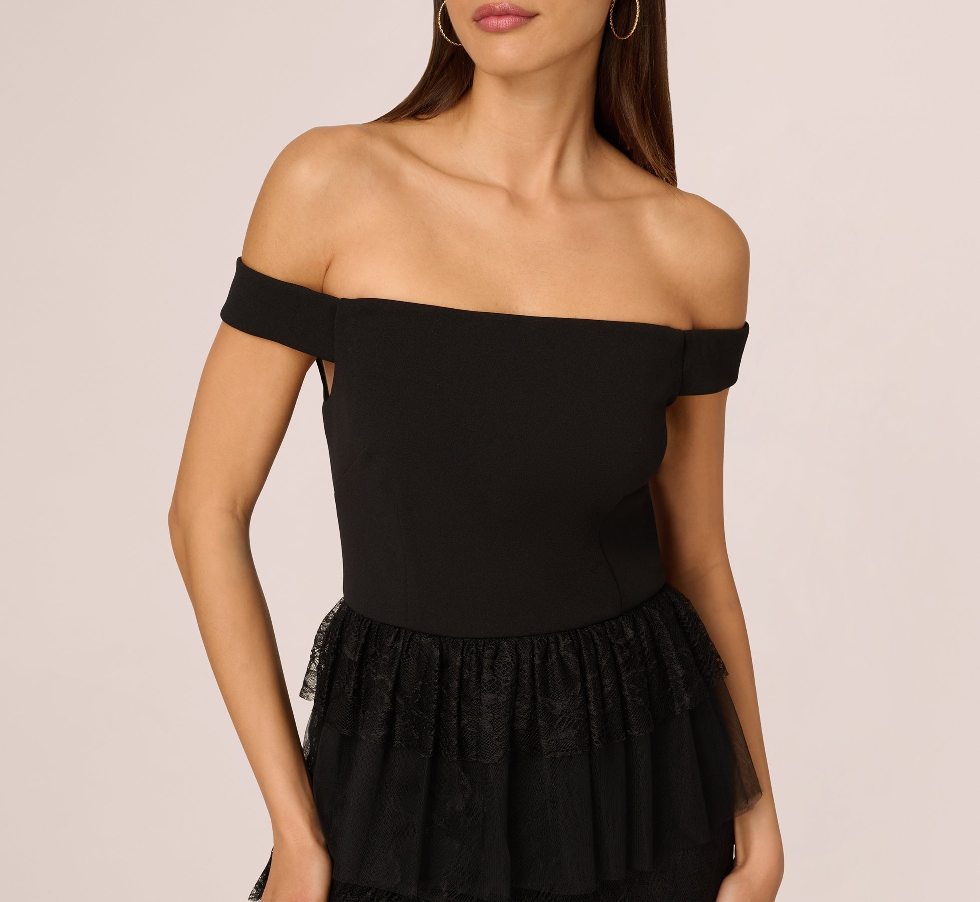 Black Adrianna Papell ADAE212592 Off Shoulder Long Lace Prom Tiered Dress