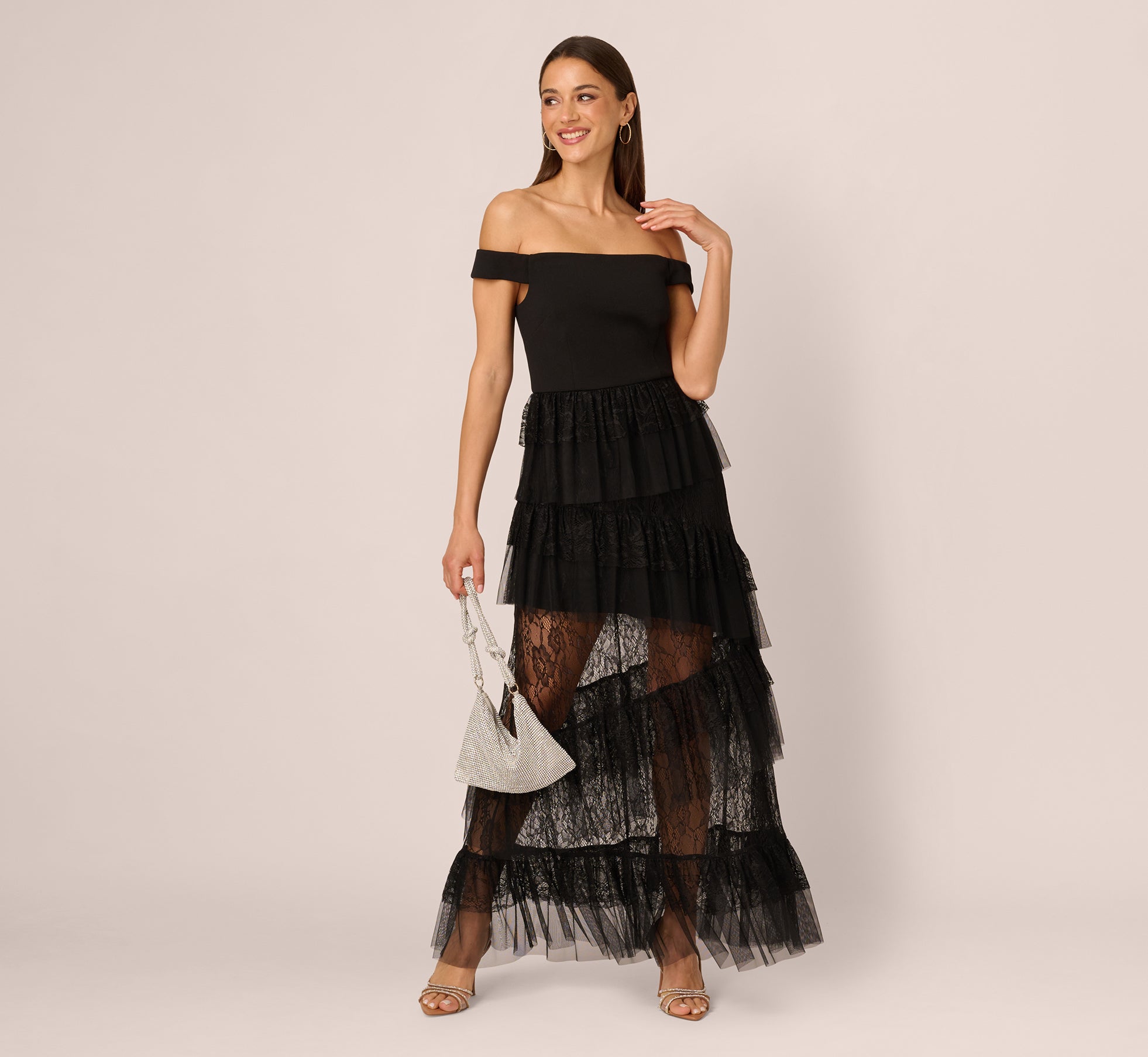 Black Adrianna Papell ADAE212592 Off Shoulder Long Lace Prom Tiered Dress